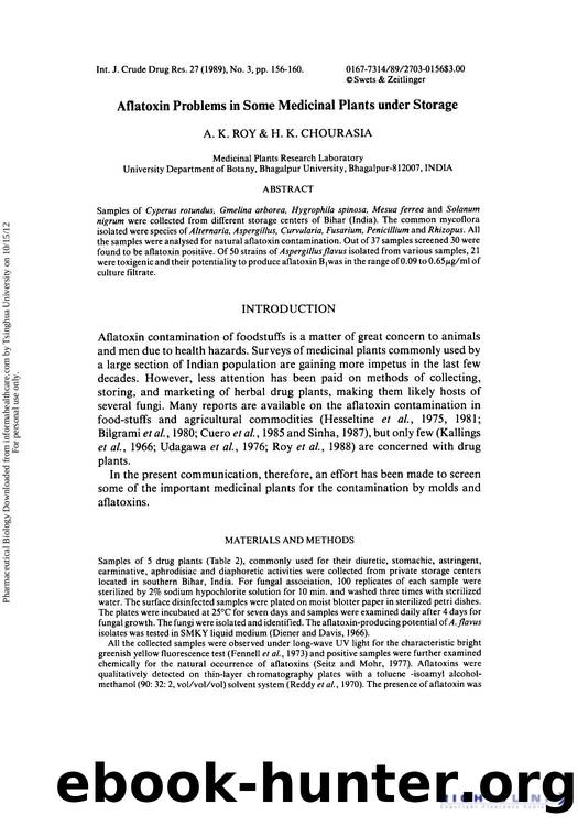 Aflatoxin Problems in Some Medicinal Plants under Storage by A. K. Roy & H. K. Chourasia
