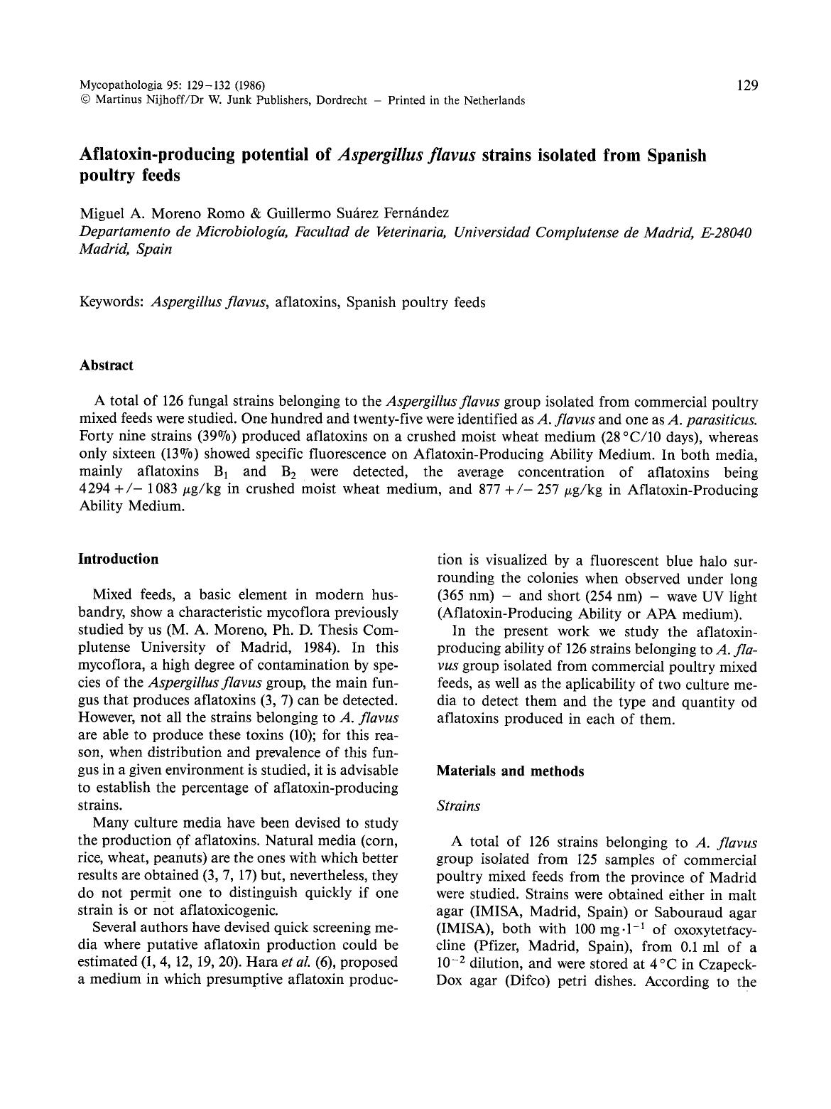 Aflatoxin-producing potential of <Emphasis Type="Italic">Aspergillus flavus<Emphasis> strains isolated from Spanish poultry feeds by Unknown