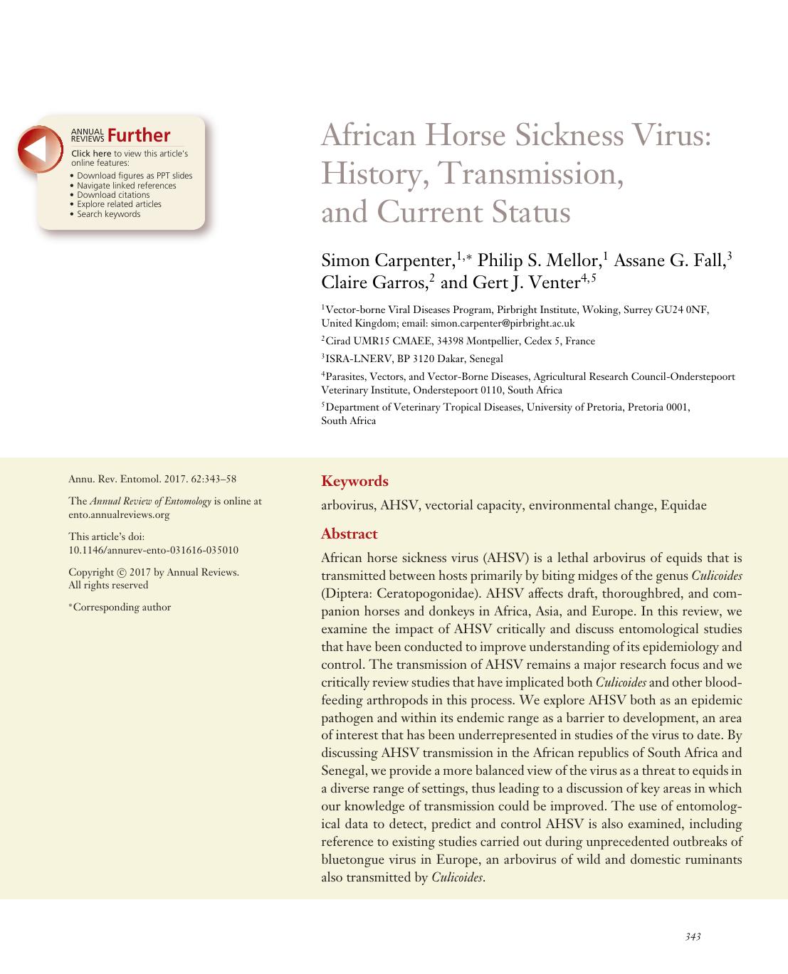 African Horse Sickness Virus: History, Transmission, and Current Status by Simon Carpenter Philip S. Mellor Assane G. Fall Claire Garros Gert J. Venter