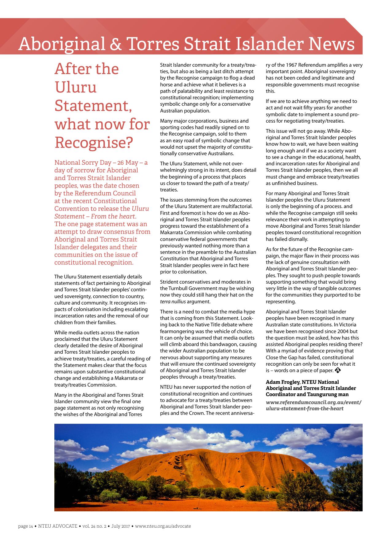 After the Uluru Statement, what now for Recognise? [article] by Frogley Adam