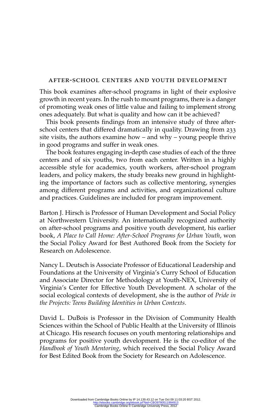 After-school centers and youth development: case studies of success and failure by Barton J. Hirsch & Nancy L. Deutsch & David L. DuBois