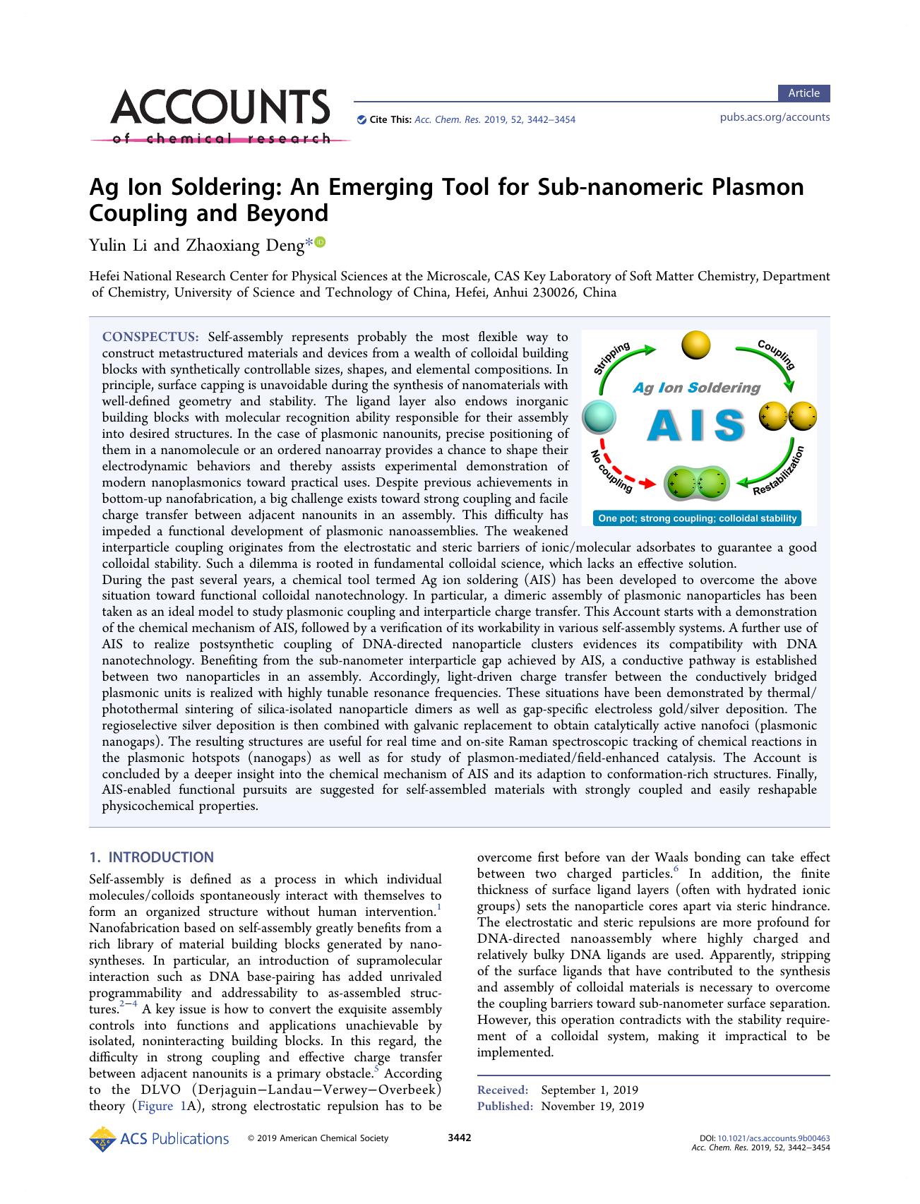 Ag Ion Soldering: An Emerging Tool for Sub-nanomeric Plasmon Coupling and Beyond by Yulin Li; Zhaoxiang Deng & Zhaoxiang Deng