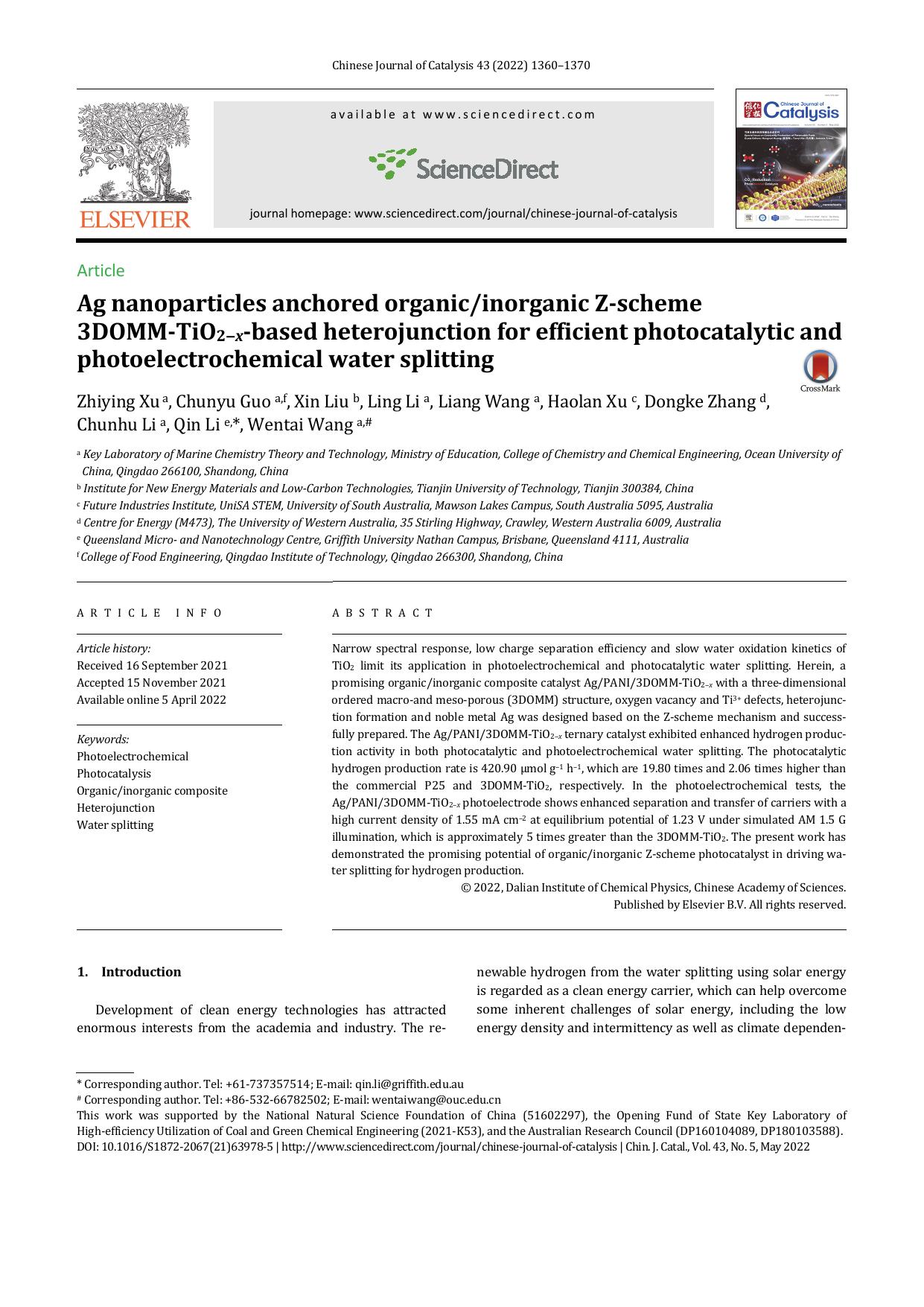 Ag nanoparticles anchored organicinorganic Z-scheme 3DOMM-TiO2âx-based heterojunction for efficient photocatalytic and photoelectrochemical water splitting by Zhiying Xu & Chunyu Guo & Xin Liu & Ling Li & Liang Wang & Haolan Xu & Dongke Zhang &