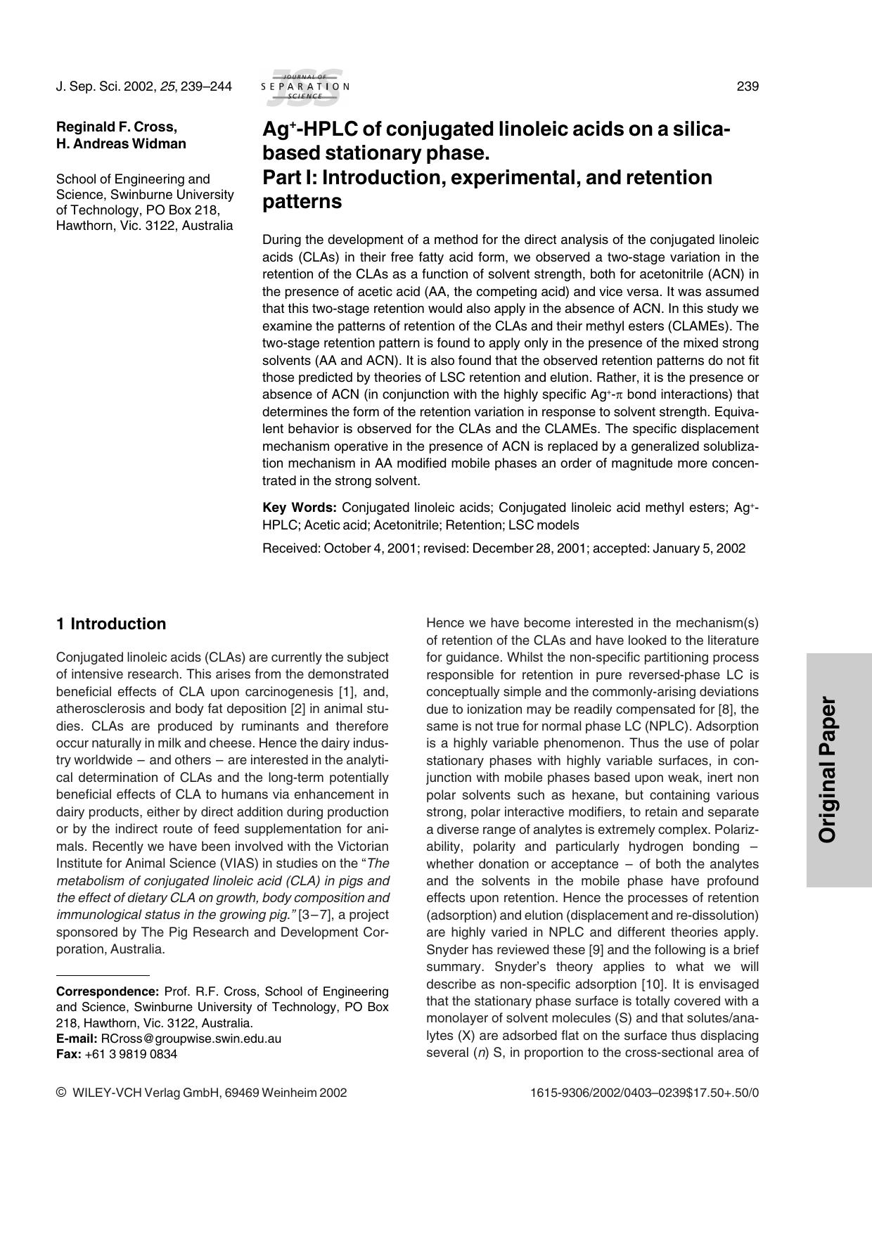 Ag+-hPLC of conjugated linoleic acids on a silica-based stationary phase. Part I: Introduction, experimental, and retention patterns by Unknown