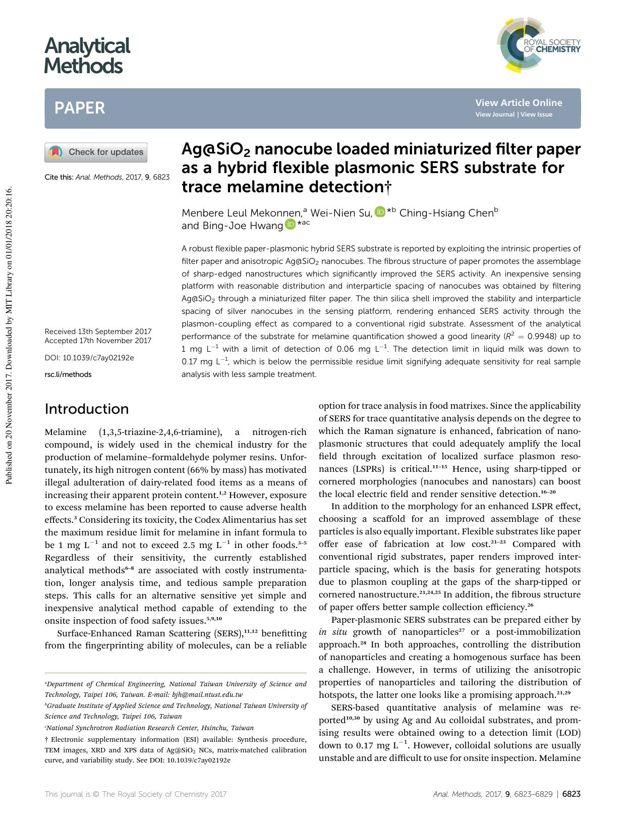 Ag@SiO2 nanocube loaded miniaturized filter paper as a hybrid flexible plasmonic SERS substrate for trace melamine detection by Menbere Leul Mekonnen & Wei-Nien Su & Ching-Hsiang Chen & Bing-Joe Hwang