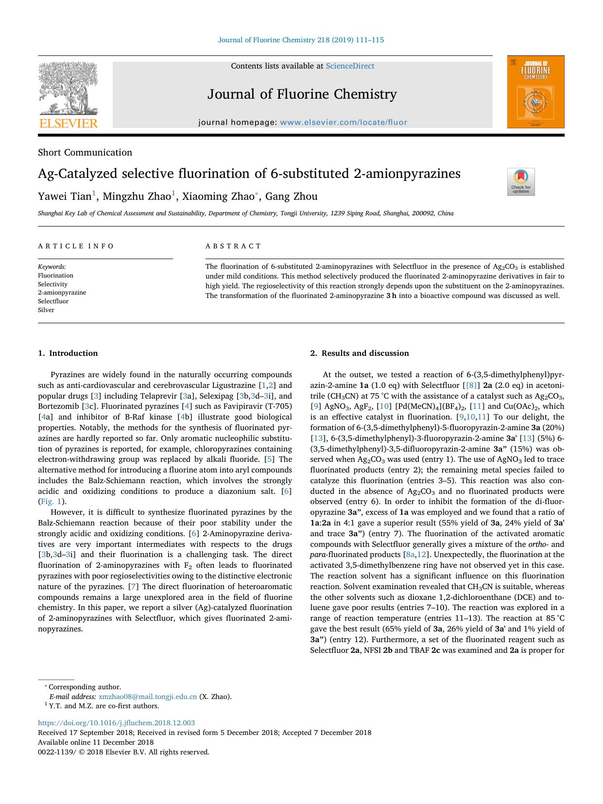 Ag-Catalyzed selective fluorination of 6-substituted 2-amionpyrazines by Yawei Tian & Mingzhu Zhao & Xiaoming Zhao & Gang Zhou