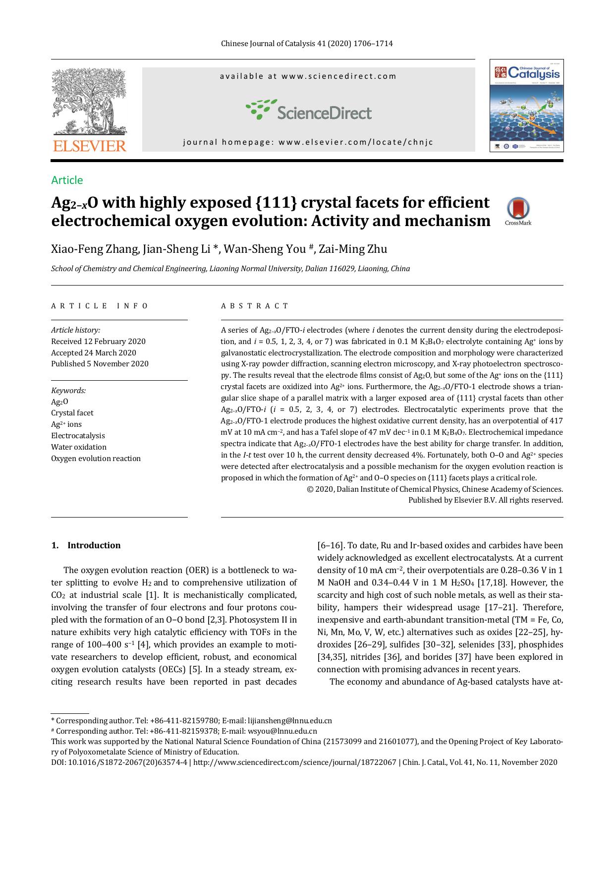 Ag2âxO with highly exposed {111} crystal facets for efficient electrochemical oxygen evolution: Activity and mechanism by Xiao-Feng Zhang & Jian-Sheng Li & Wan-Sheng You & Zai-Ming Zhu