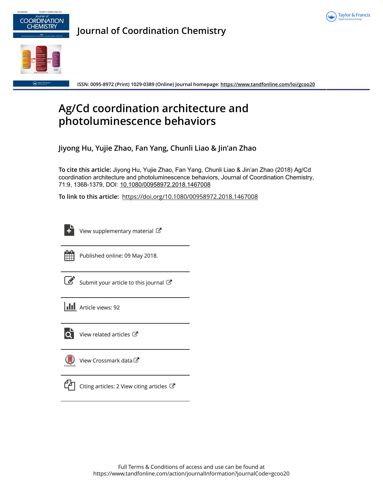 AgCd coordination architecture and photoluminescence behaviors by Jiyong Hu & Yujie Zhao & Fan Yang & Chunli Liao & Jin’an Zhao