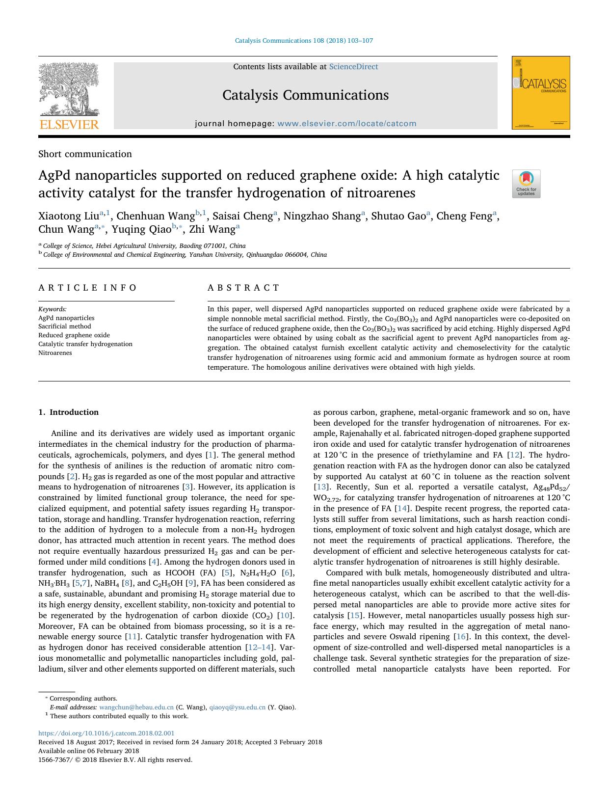 AgPd nanoparticles supported on reduced graphene oxide_ A high catalytic activity catalyst for the transfer hydrogenation of nitroarenes by unknow