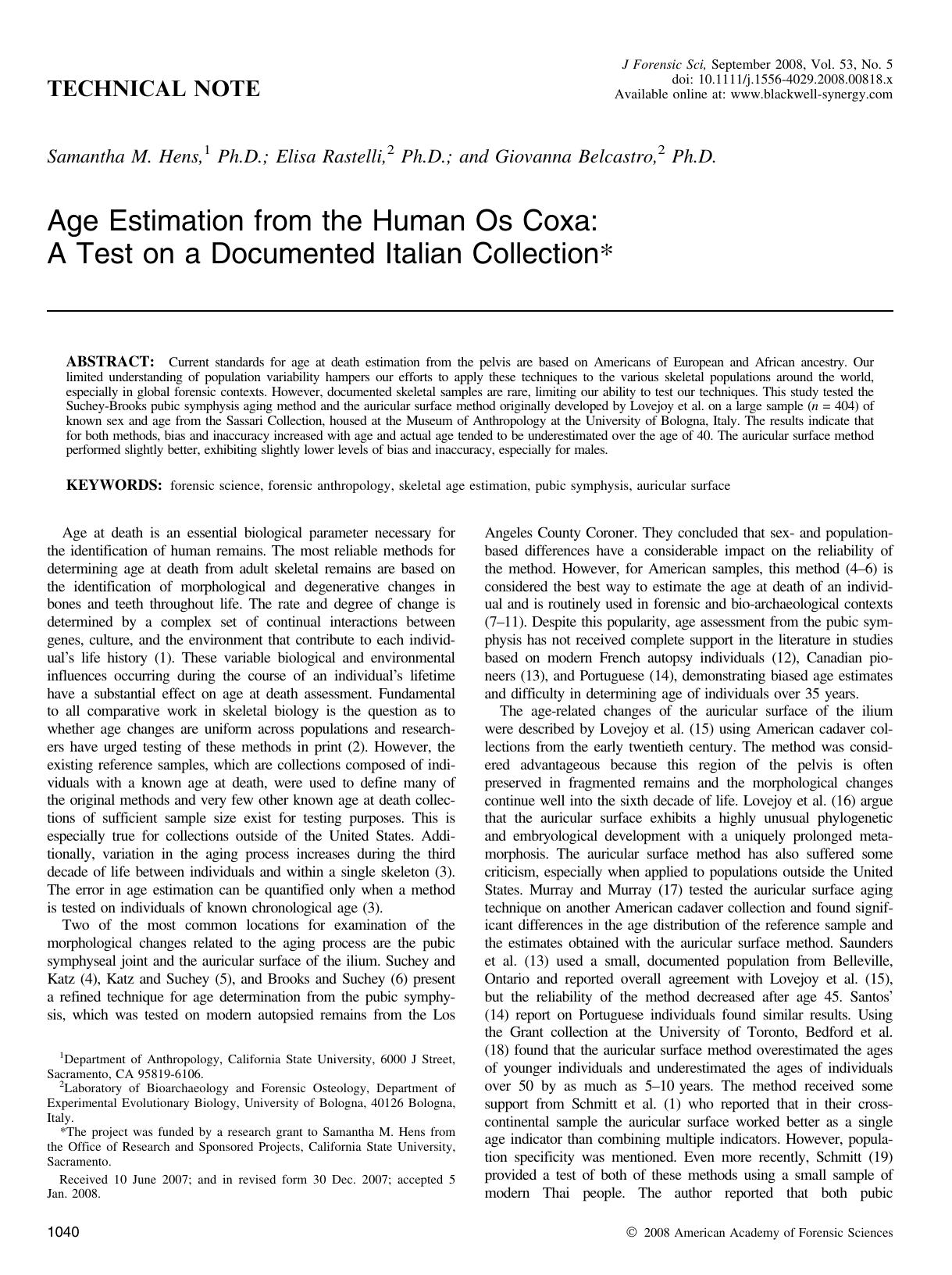 Age Estimation from the Human Os Coxa: A Test on a Documented Italian Collection* by Unknown