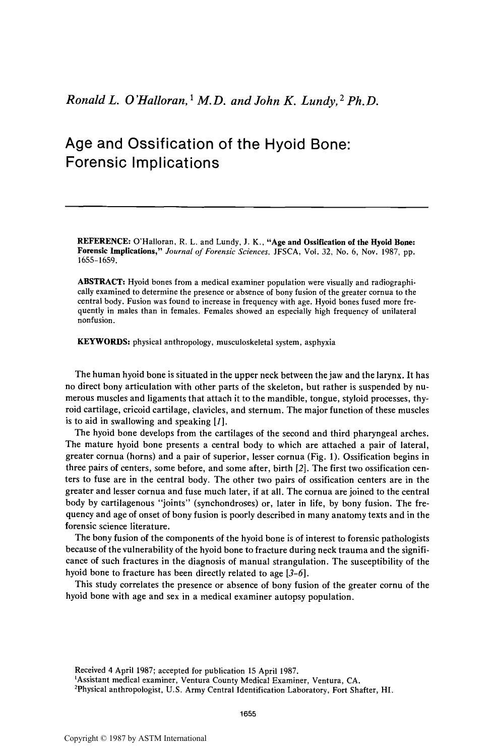 Age and Ossification of the Hyoid Bone: Forensic Implications by O'Halloran RL Lundy JK