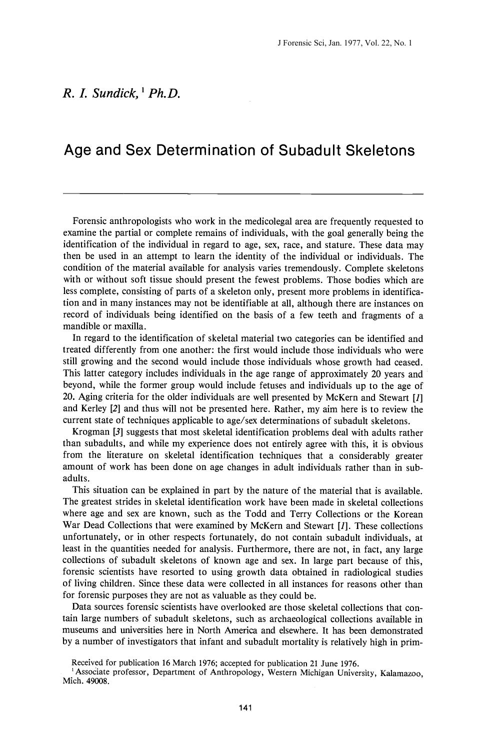 Age and Sex Determination of Subadult Skeletons by Sundick RI