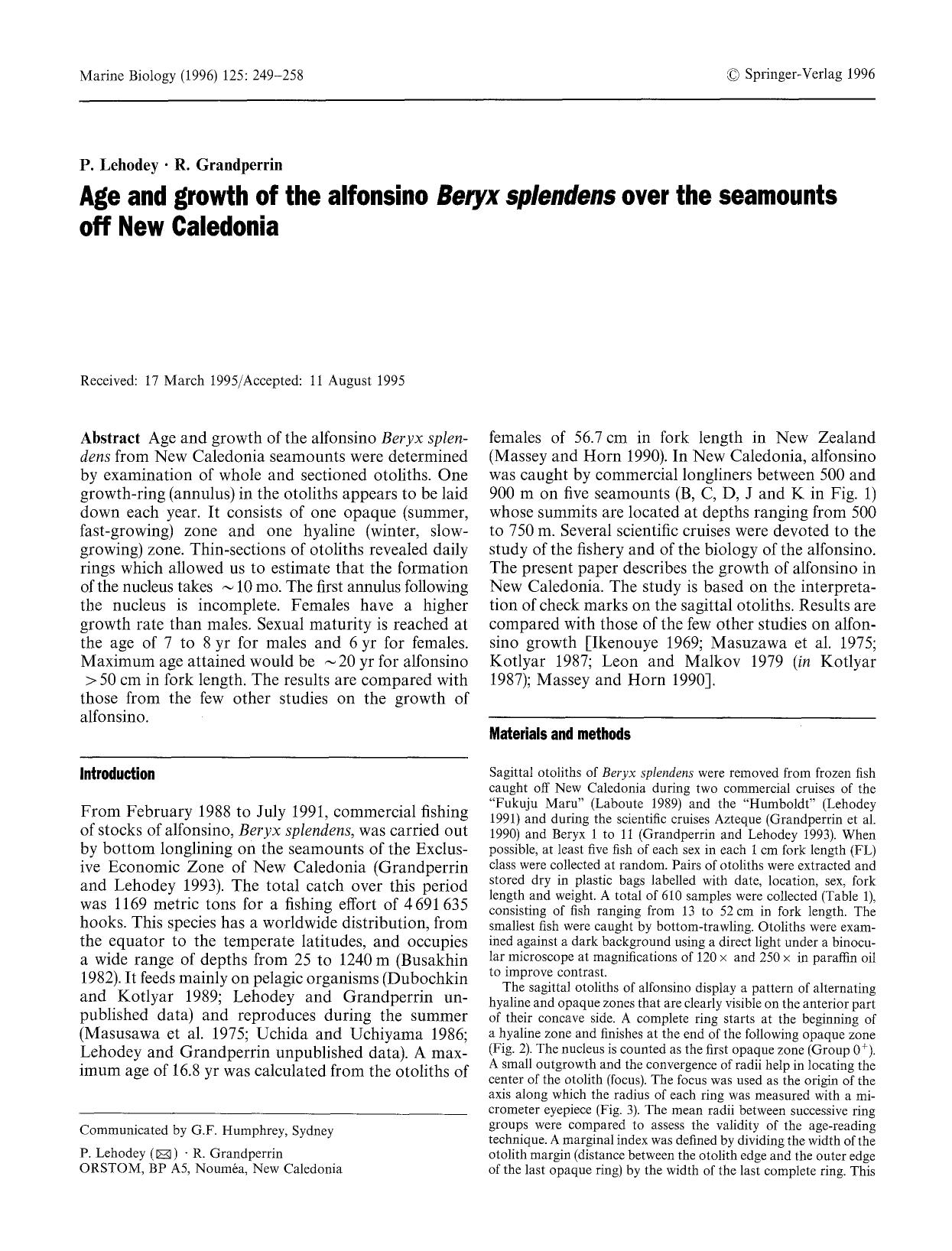 Age and growth of the alfonsino <Emphasis Type="Italic">Beryx splendens<Emphasis> over the seamounts off New Caledonia by Unknown