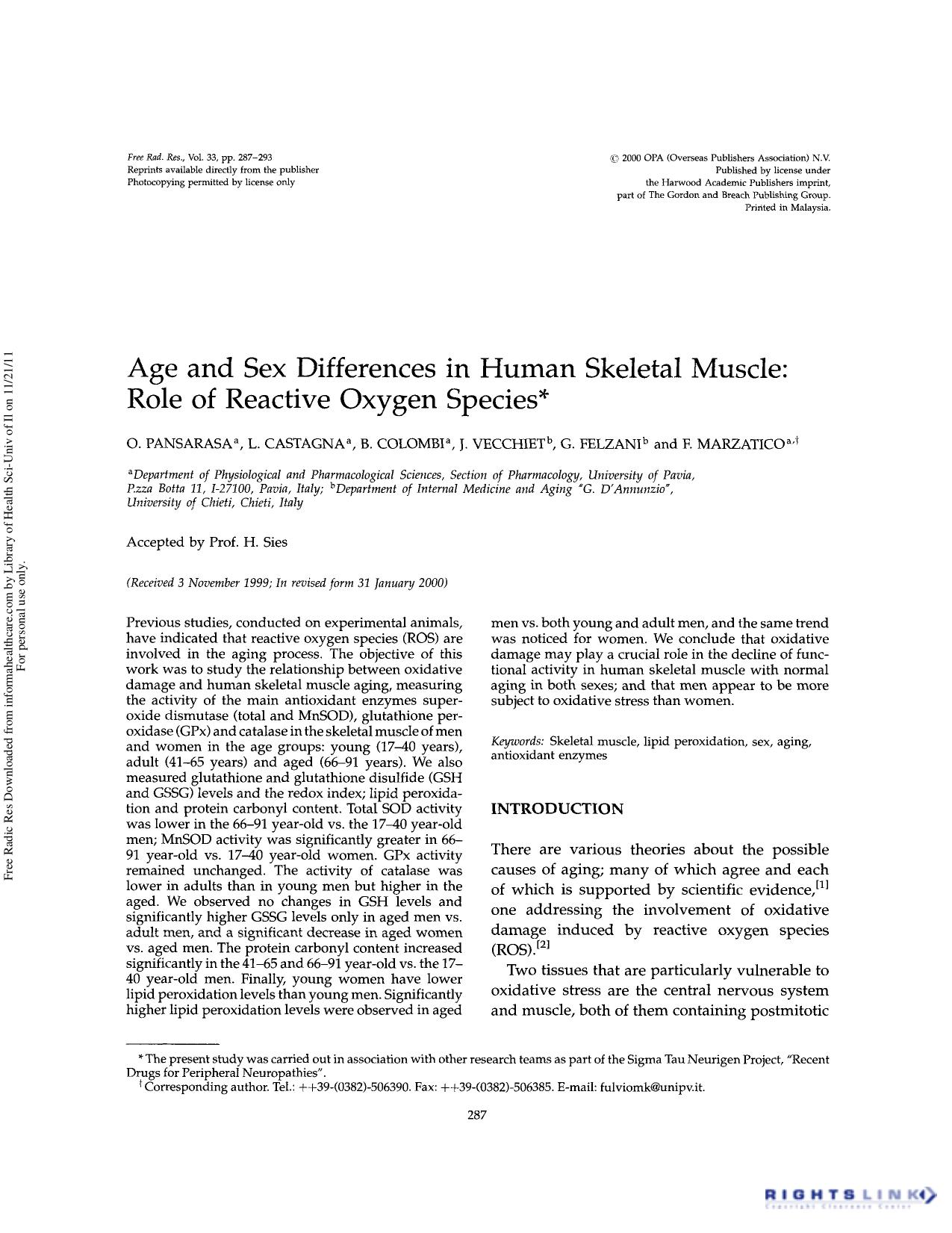 Age and sex differences in human skeletal muscle: Role of reactive oxygen species by O. Pansarasa L. Castagna B. Colombi J. Vecchiet G. Felzani & F. Marzatico
