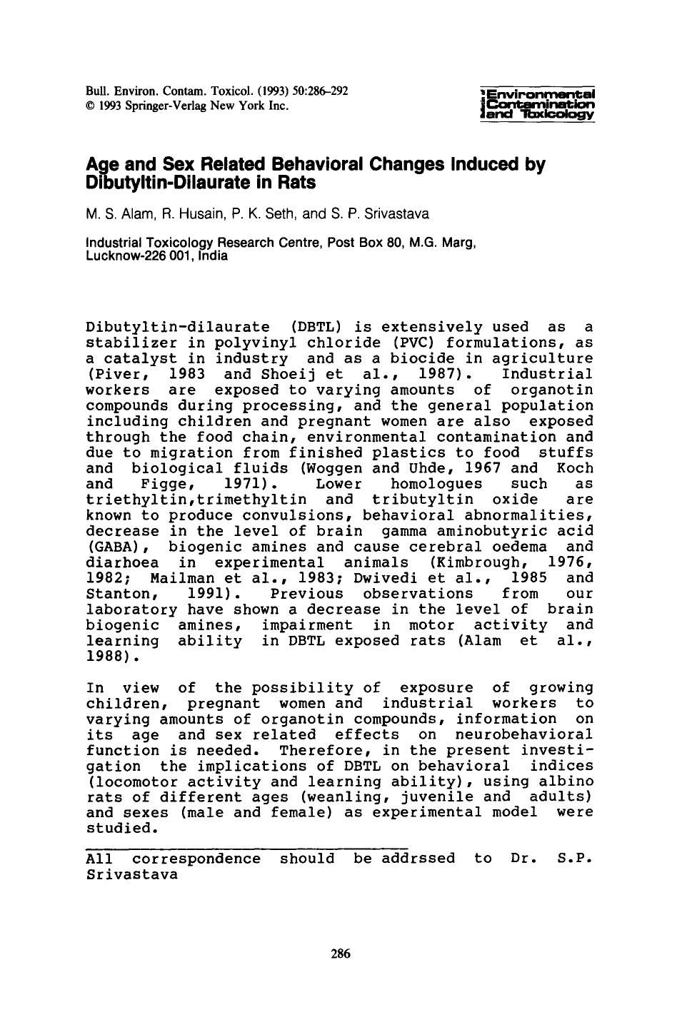 Age and sex related behavioral changes induced by dibutyltin-dilaurate in rats by Unknown