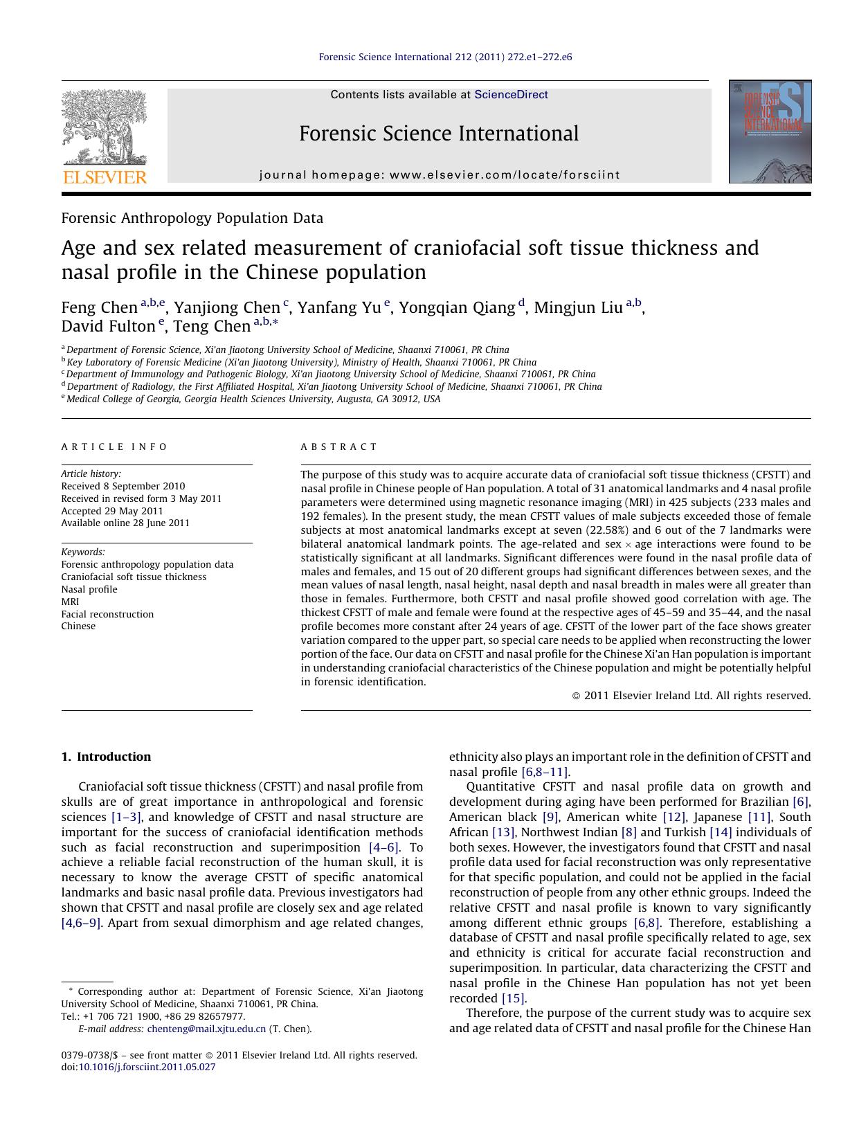 Age and sex related measurement of craniofacial soft tissue thickness and nasal profile in the Chinese population by Feng Chen & Yanjiong Chen & Yanfang Yu & Yongqian Qiang & Mingjun Liu & David Fulton & Teng Chen