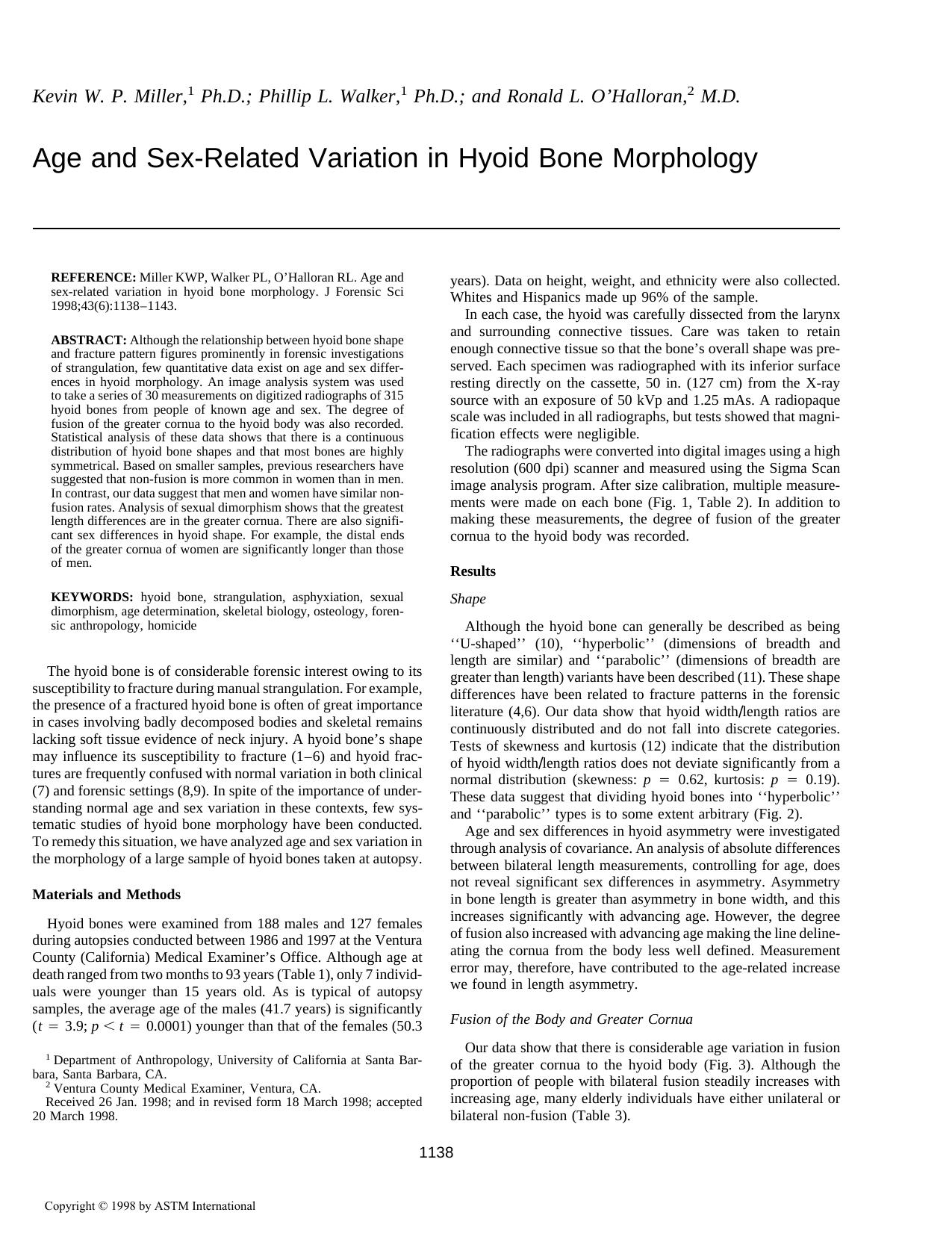 Age and sex-related variation in hyoid bone morphology by Miller KWP Walker PL O'Halloran RL