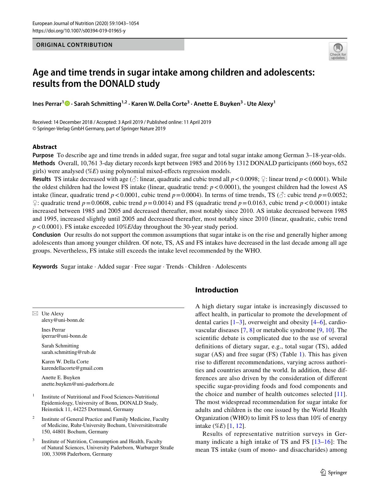 Age and time trends in sugar intake among children and adolescents: results from the DONALD study by Ines Perrar & Sarah Schmitting & Karen W. Della Corte & Anette E. Buyken & Ute Alexy