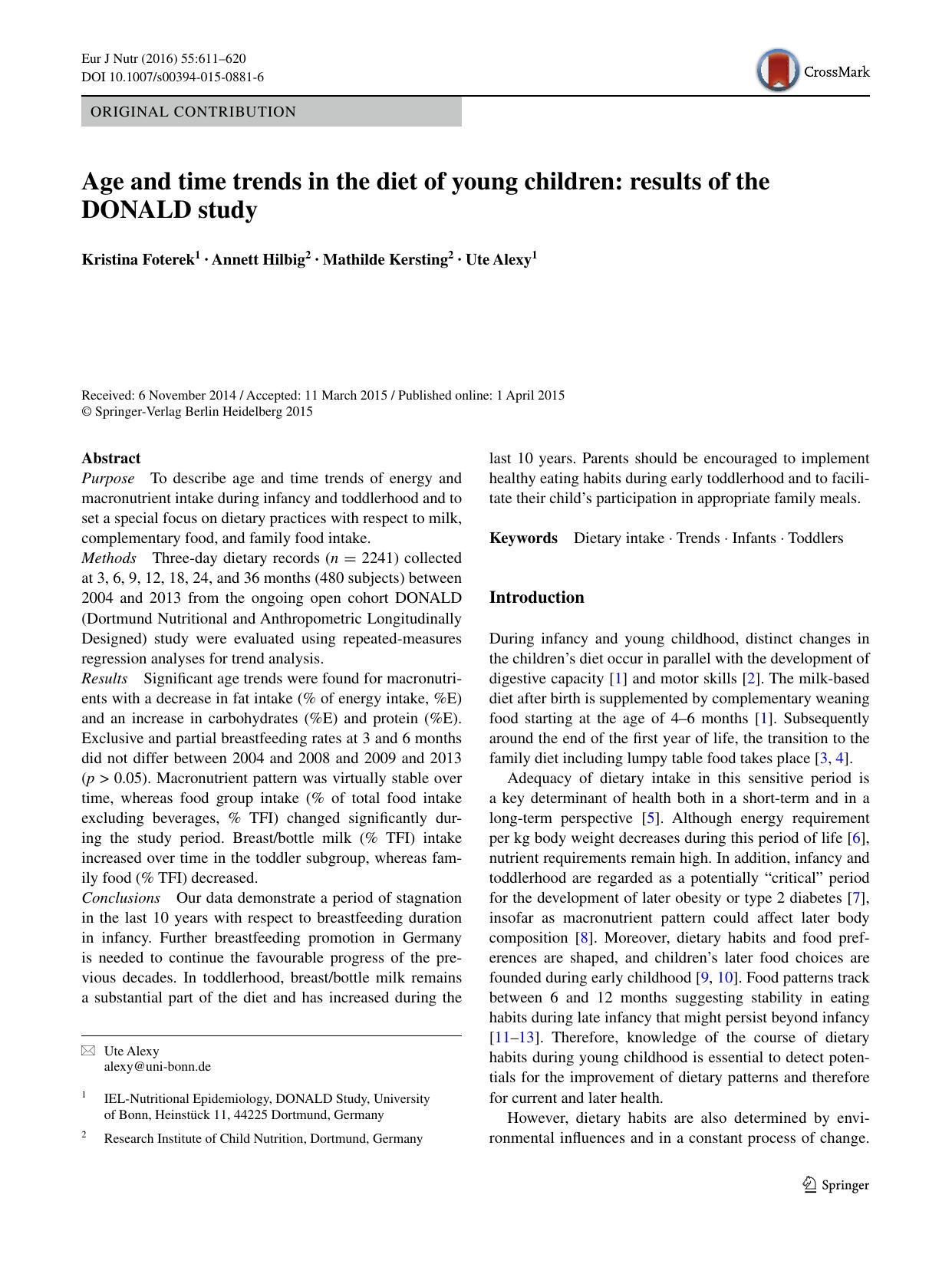Age and time trends in the diet of young children: results of the DONALD study by Kristina Foterek & Annett Hilbig & Mathilde Kersting & Ute Alexy
