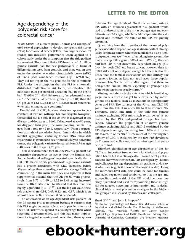 Age dependency of the polygenic risk score for colorectal cancer by Shuai Li & John L. Hopper