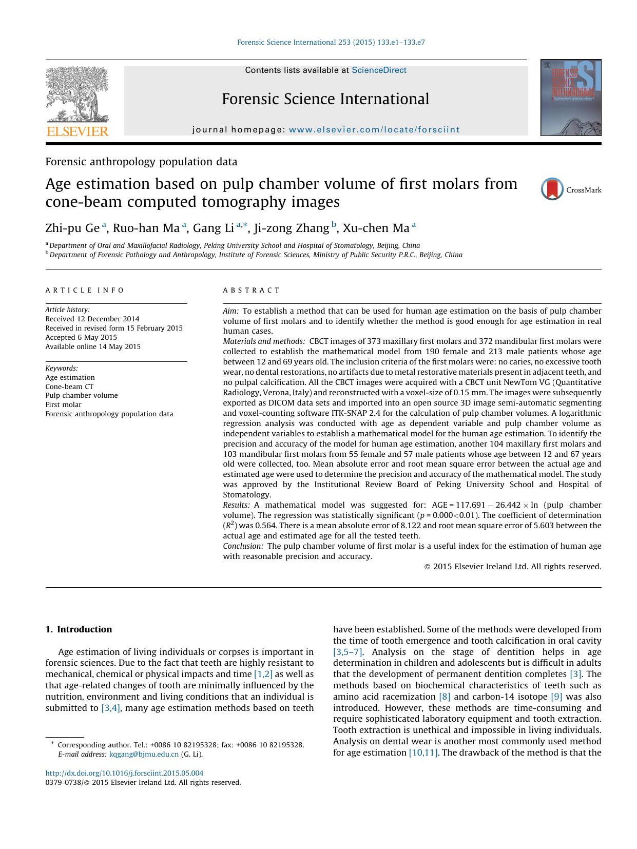 Age estimation based on pulp chamber volume of first molars from cone-beam computed tomography images by Zhi-pu Ge & Ruo-han Ma & Gang Li & Ji-zong Zhang & Xu-chen Ma