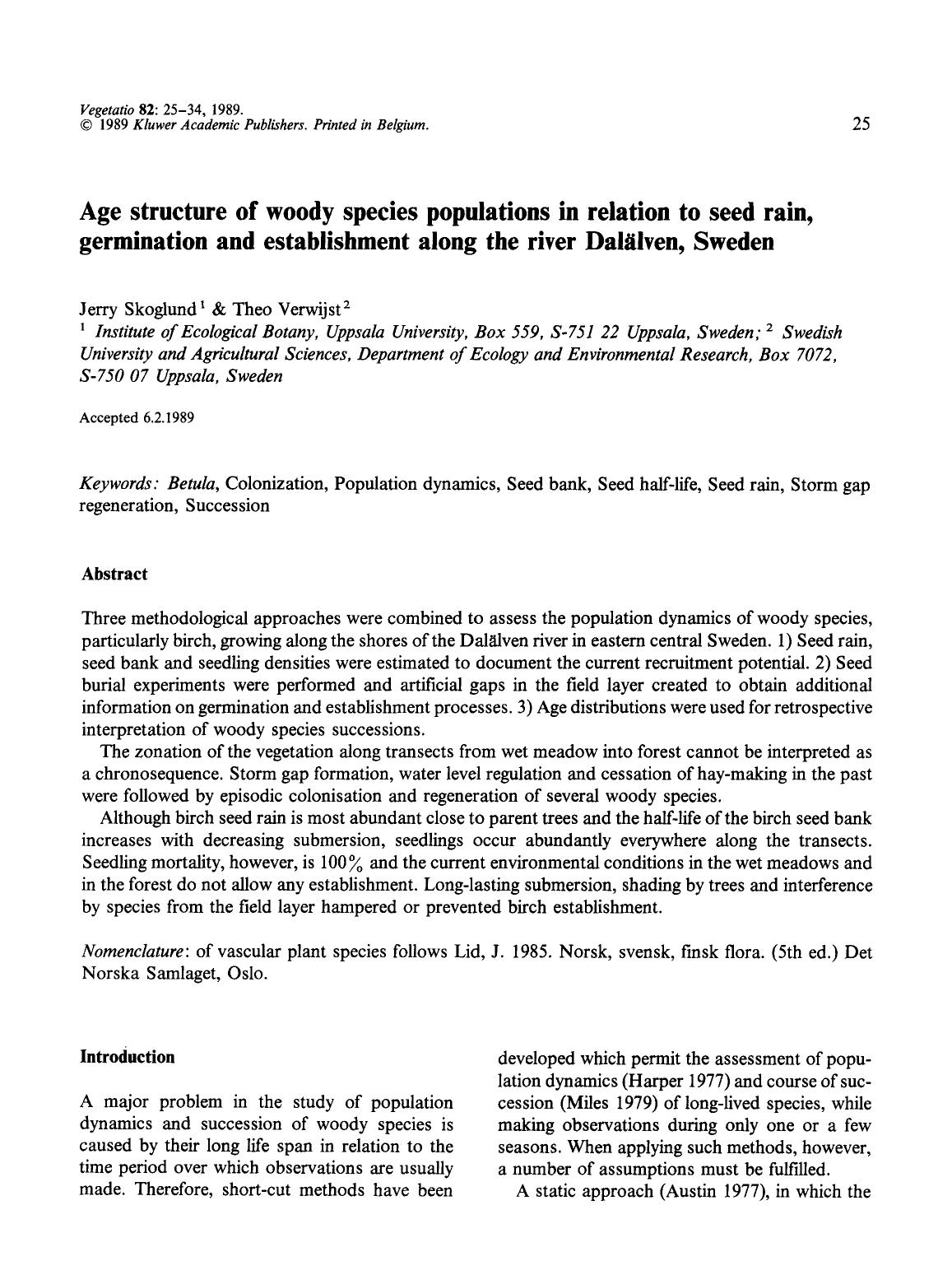 Age structure of woody species populations in relation to seed rain, germination and establishment along the river Dalälven, Sweden by Unknown