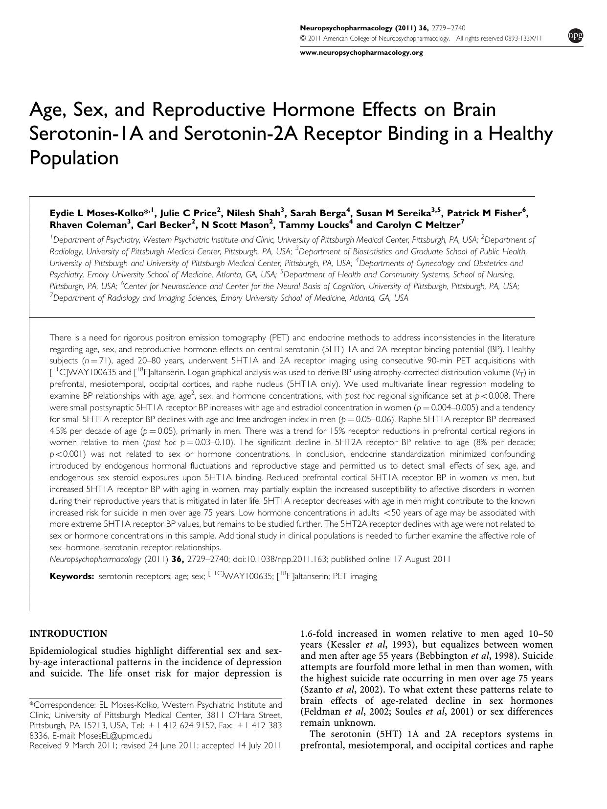 Age, Sex, and Reproductive Hormone Effects on Brain Serotonin-1A and Serotonin-2A Receptor Binding in a Healthy Population by unknow
