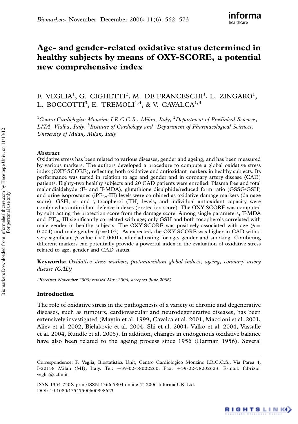 Age- and gender-related oxidative status determined in healthy subjects by means of OXY-SCORE, a potential new comprehensive index by F. Veglia G. Cighetti M. De Franceschi L. Zingaro L. Boccotti E. Tremoli & V. Cavalca