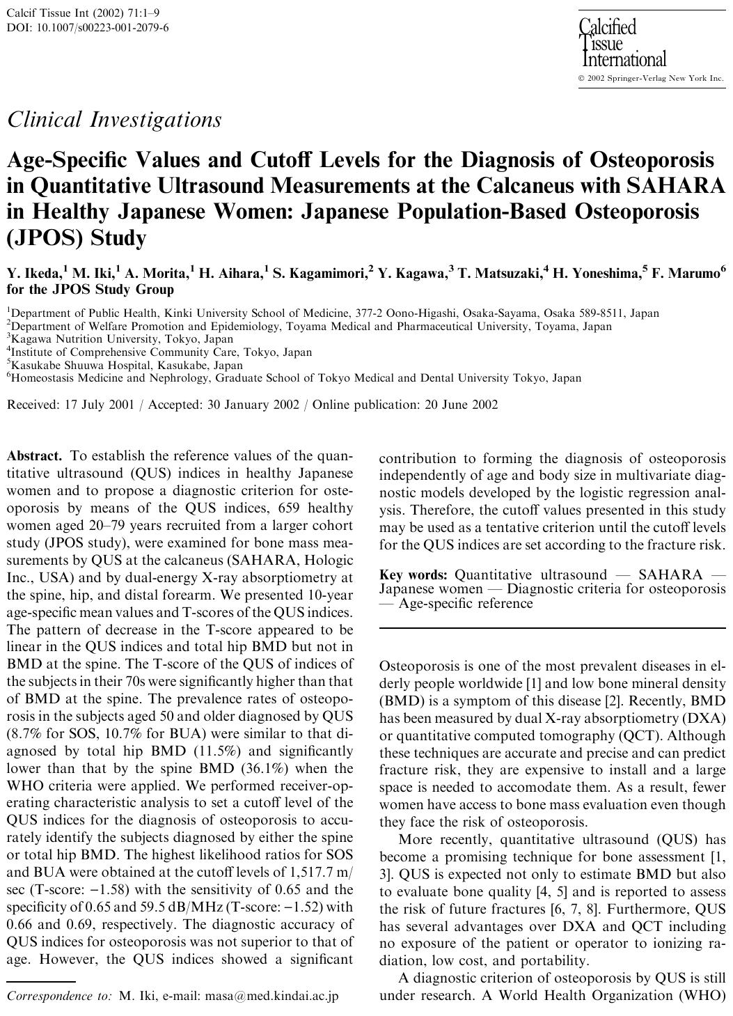 Age-Specific Values and Cutoff Levels for the Diagnosis of Osteoporosis in Quantitative Ultrasound Measurements at the Calcaneus with SAHARA in Healthy Japanese Women: Japanese Pop by Ikeda Y. et al