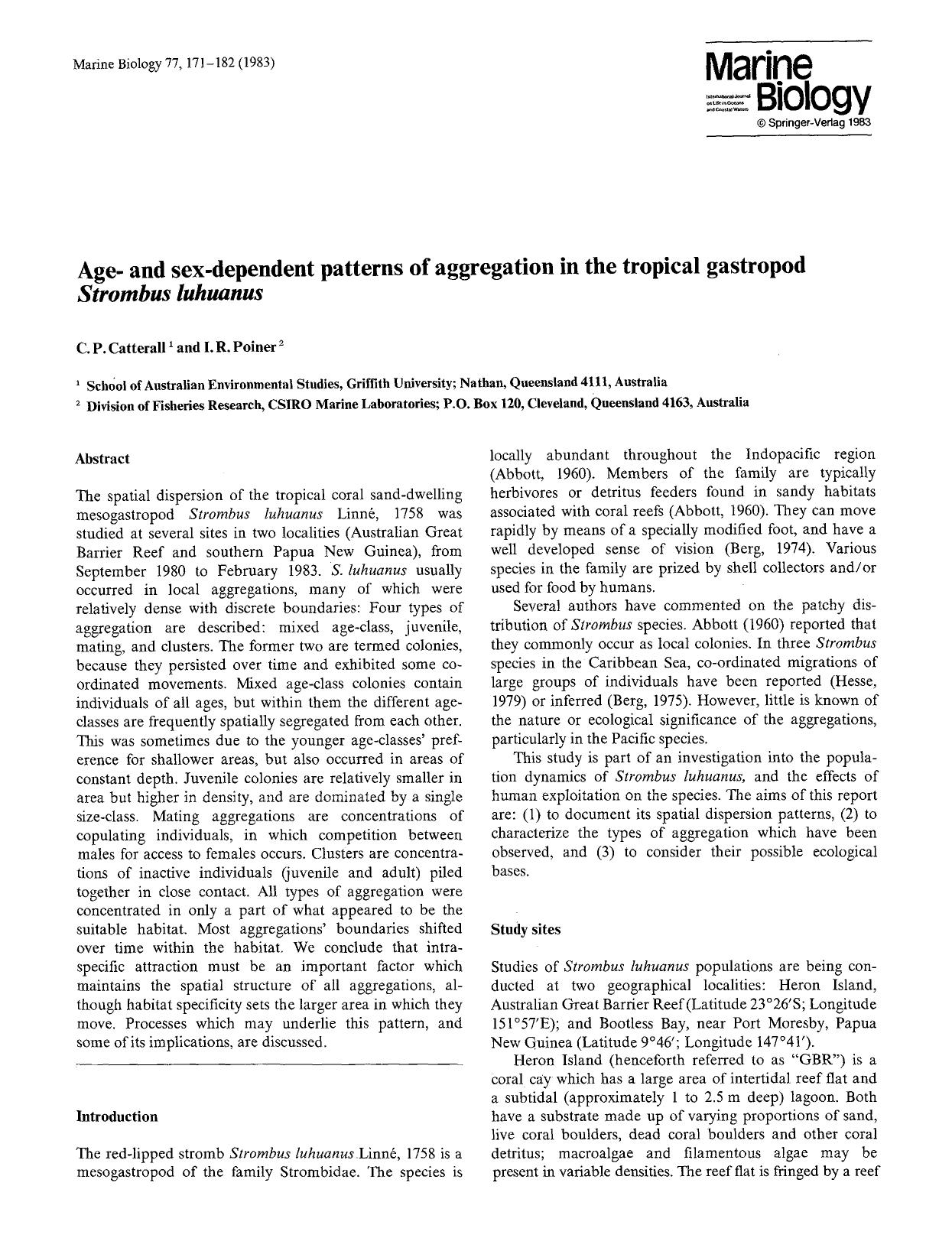 Age-and sex-dependent patterns of aggregation in the tropical gastropod <Emphasis Type="Italic">Strombus luhuanus<Emphasis> by Unknown