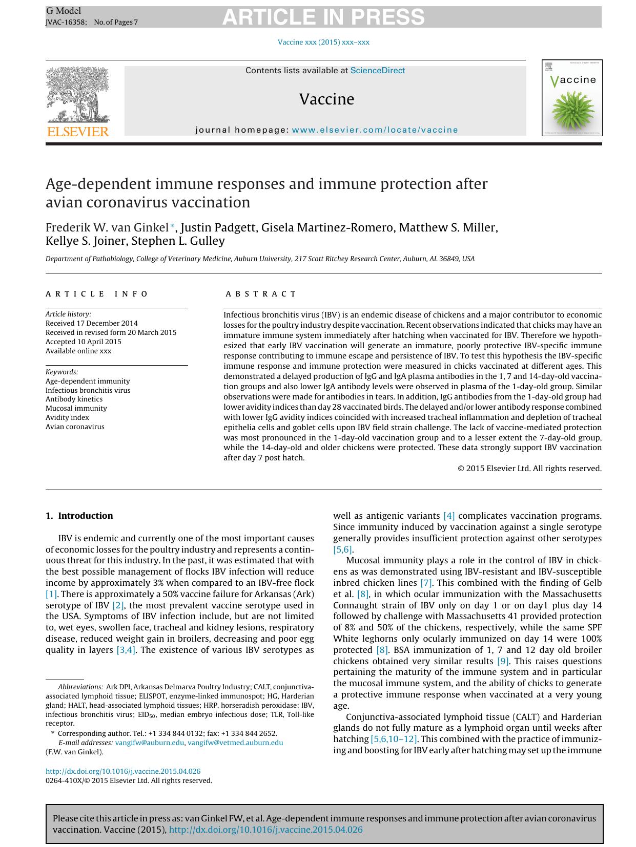 Age-dependent immune responses and immune protection after avian coronavirus vaccination by unknow