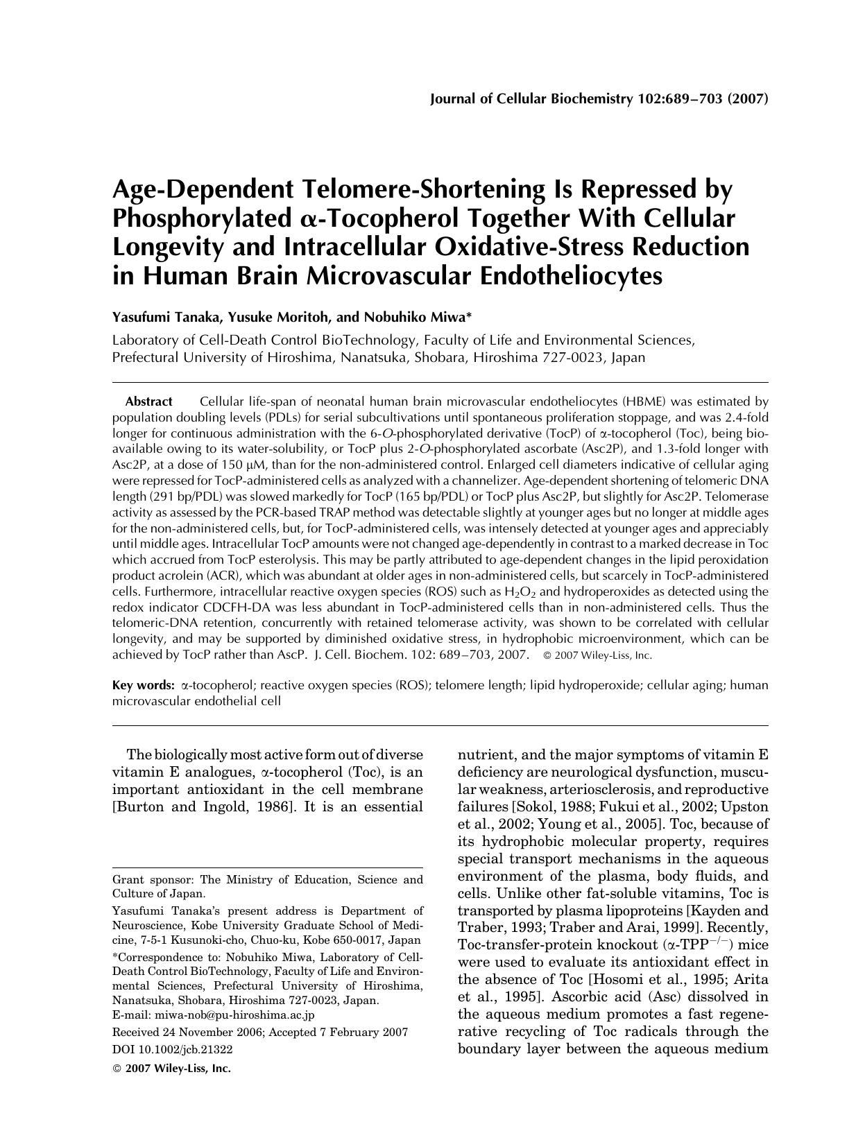Age-dependent telomere-shortening is repressed by phosphorylated [alpha]-tocopherol together with cellular longevity and intracellular oxidative-stress reduction in human brain mic by Unknown