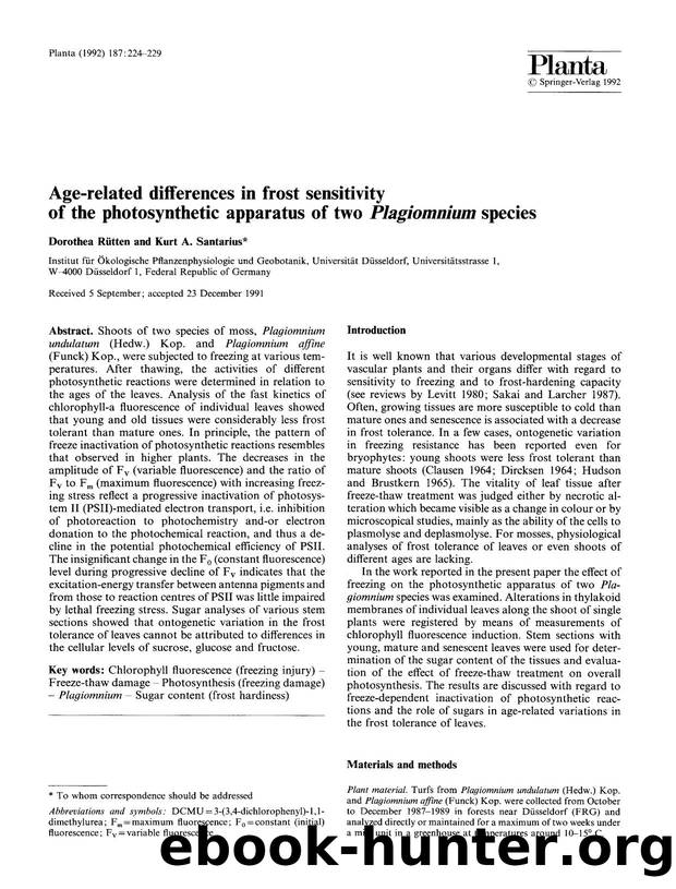 Age-related differences in frost sensitivity of the photosynthetic apparatus of two <Emphasis Type="Italic">Plagiomnium<Emphasis> species by Unknown