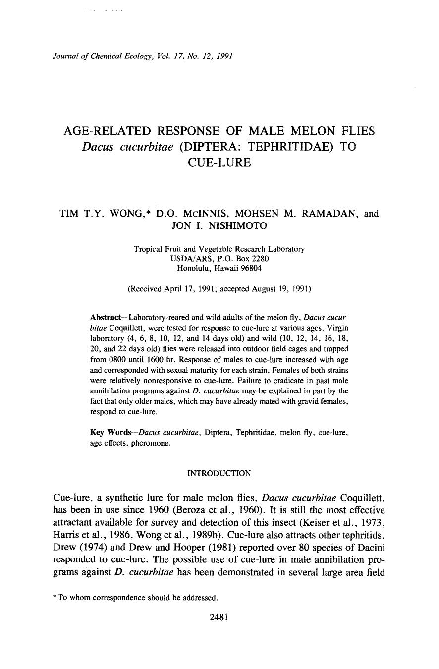 Age-related response of male melon flies <Emphasis Type="Italic">Dacus cucurbitae <Emphasis> (Diptera: Tephritidae) to cue-lure by Unknown