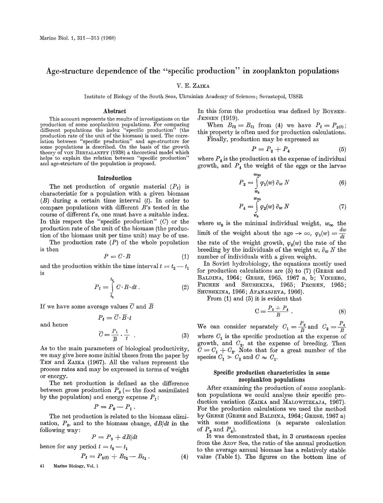 Age-structure dependence of the “specific production” in zooplankton populations by Unknown