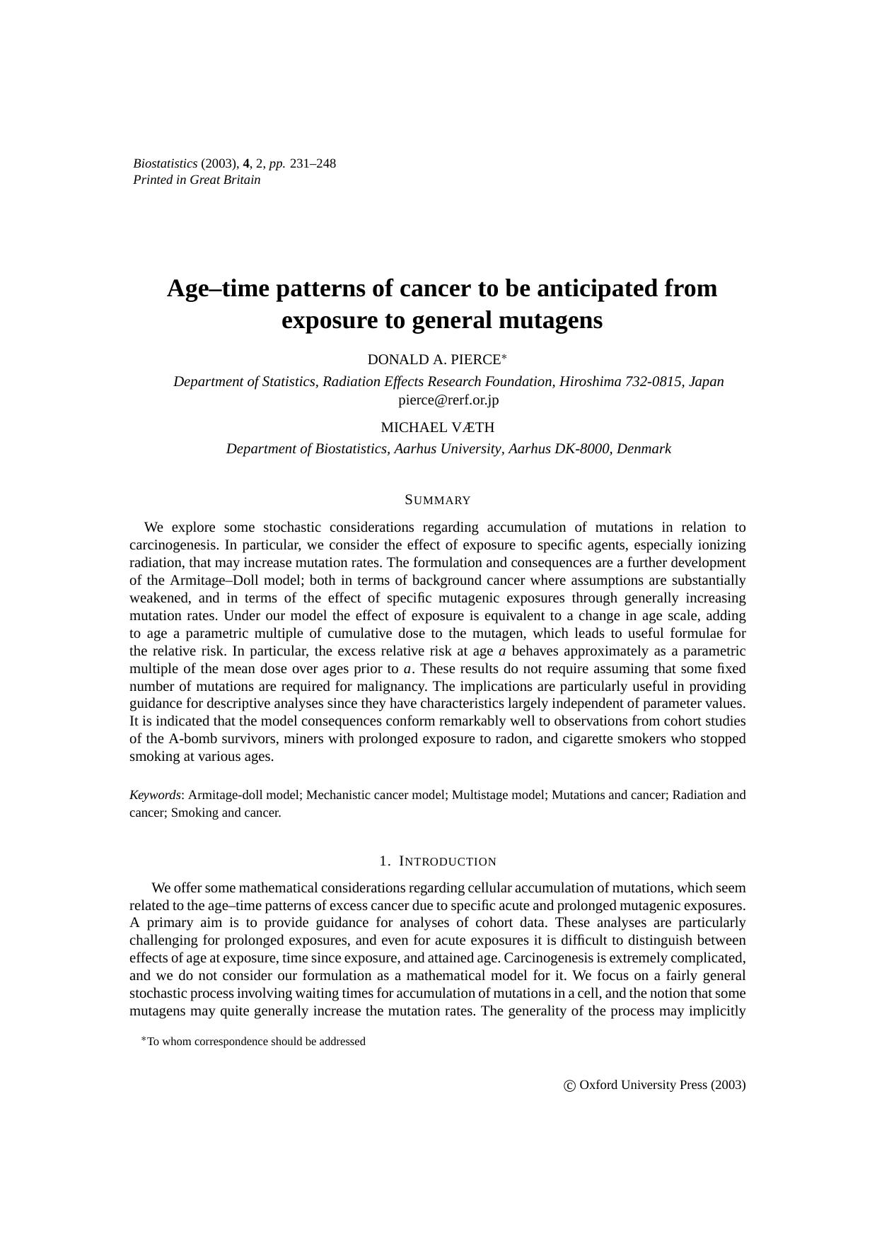 Age-time patterns of cancer to be anticipated from exposure to general mutagens by Pierce D. A