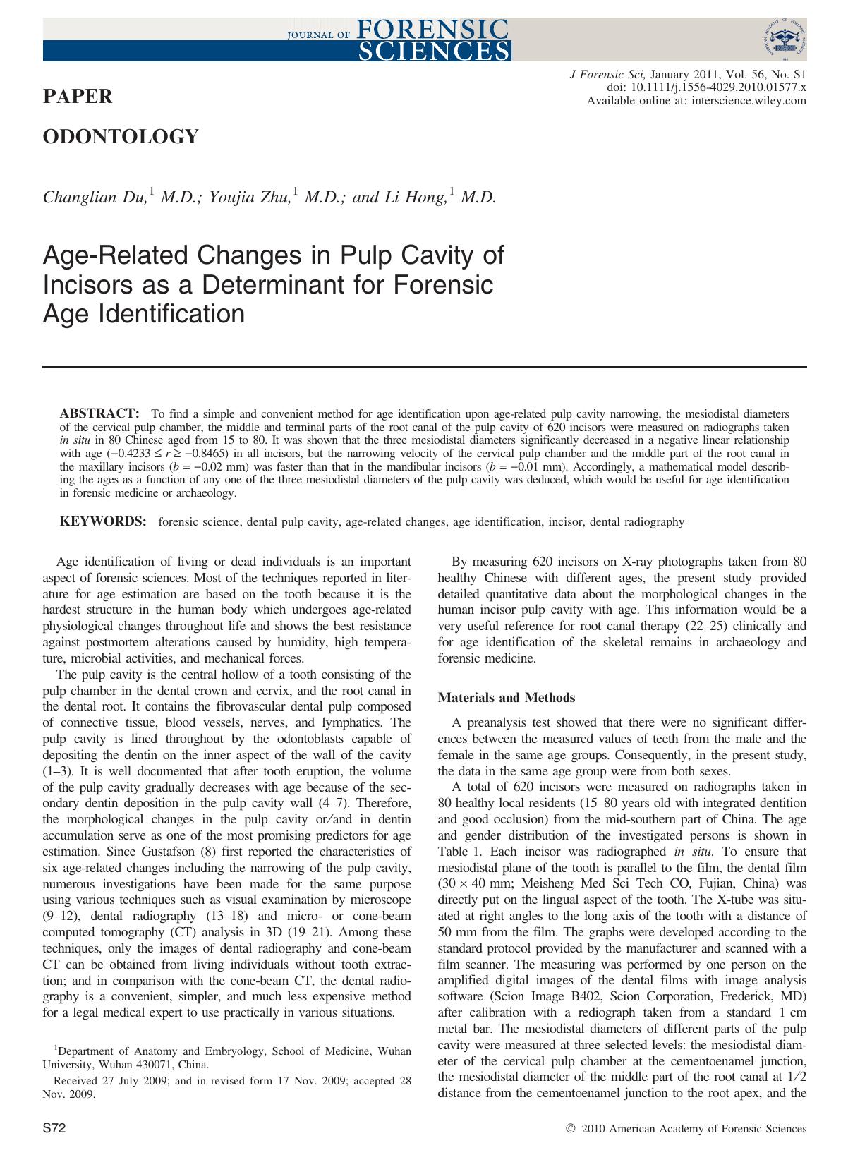 AgeRelated Changes in Pulp Cavity of Incisors as a Determinant for Forensic Age Identification by Unknown