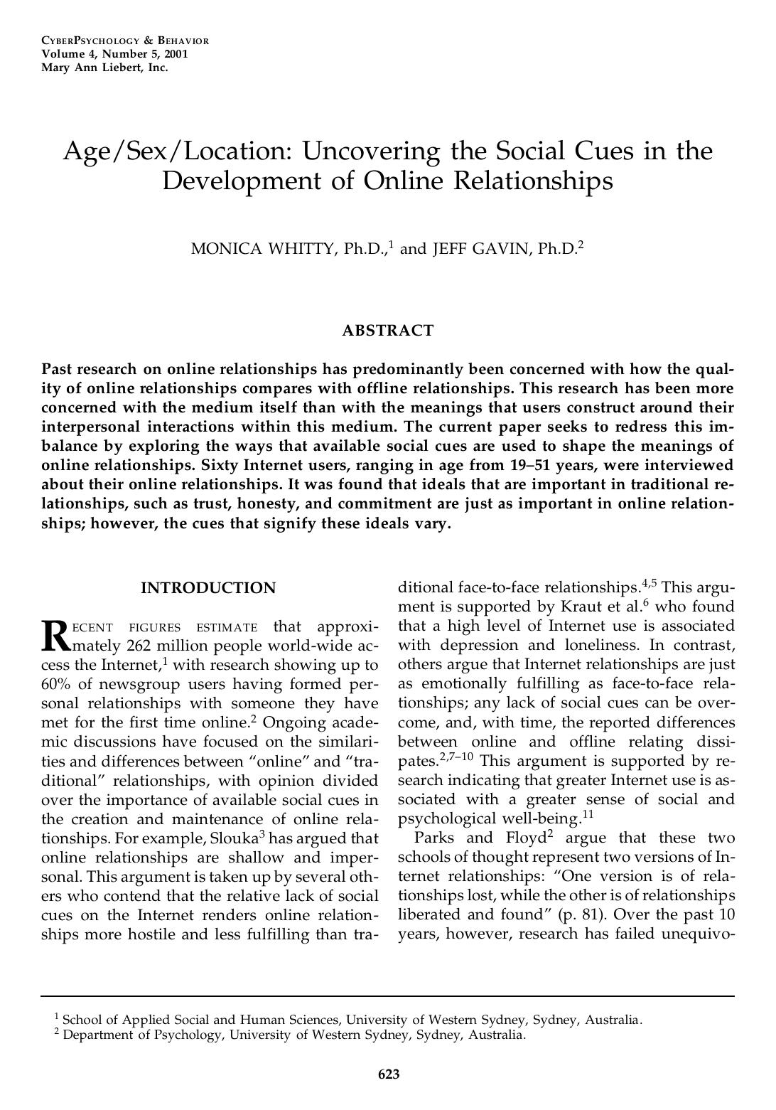 AgeSexLocation: Uncovering the Social Cues in the Development of Online Relationships by Age-Sex-Location.. Uncovering the Social Cues in the Development of Online Relationships