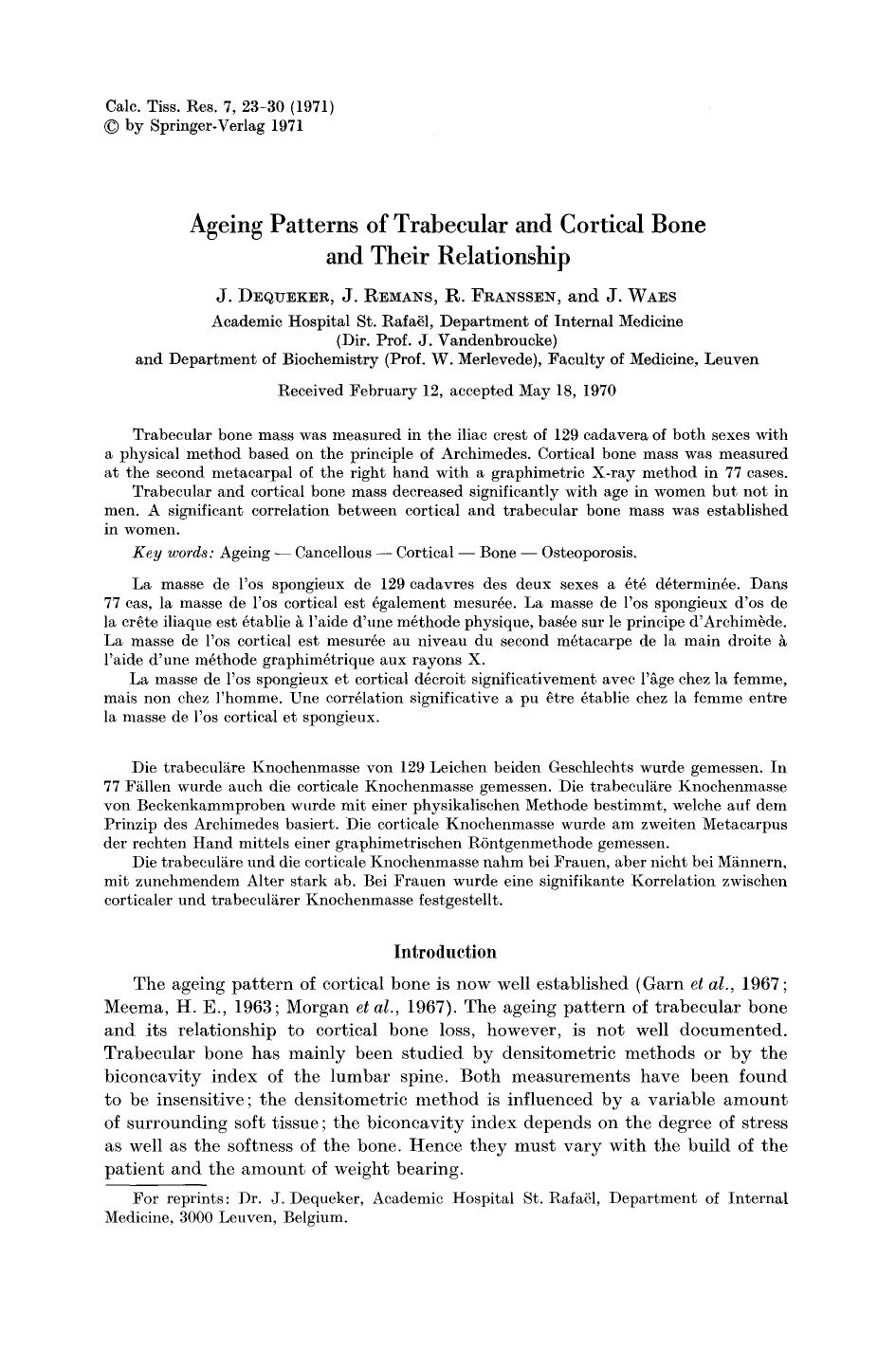 Ageing patterns of trabecular and cortical bone and their relationship by Unknown