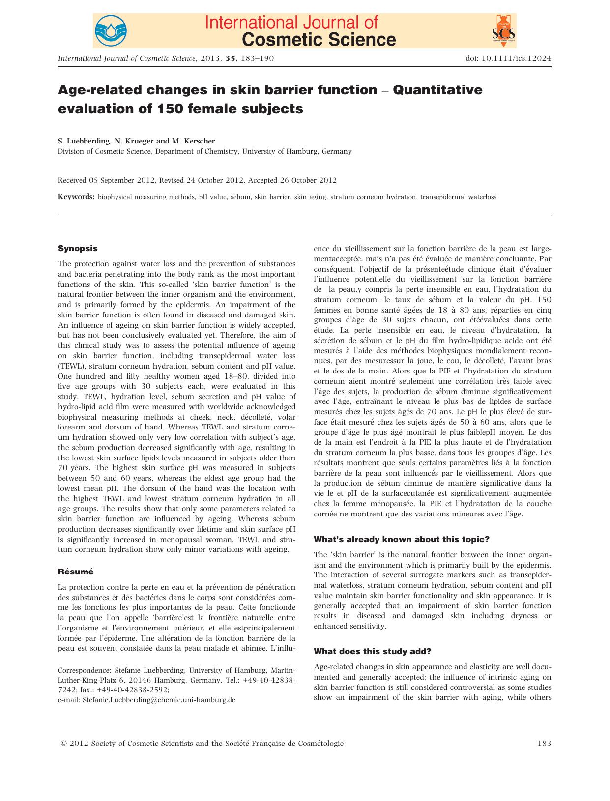 Agerelated changes in skin barrier function Quantitative evaluation of 150 female subjects by Unknown