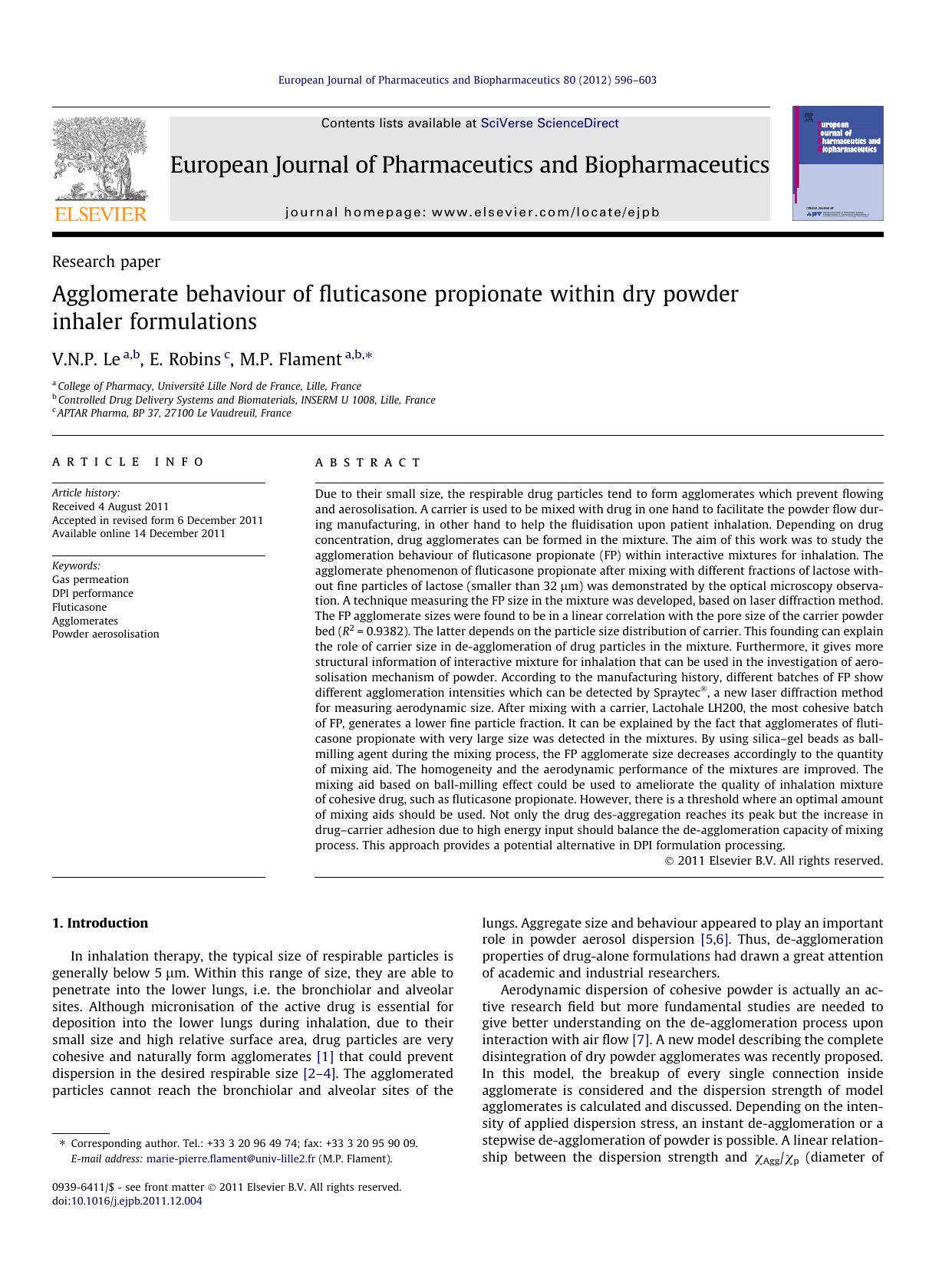 Agglomerate behaviour of fluticasone propionate within dry powder inhaler formulations by V.N.P. Le & E. Robins & M.P. Flament