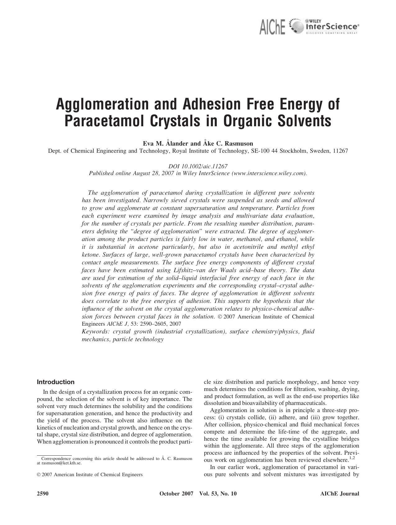 Agglomeration and adhesion free energy of paracetamol crystals in organic solvents by Unknown