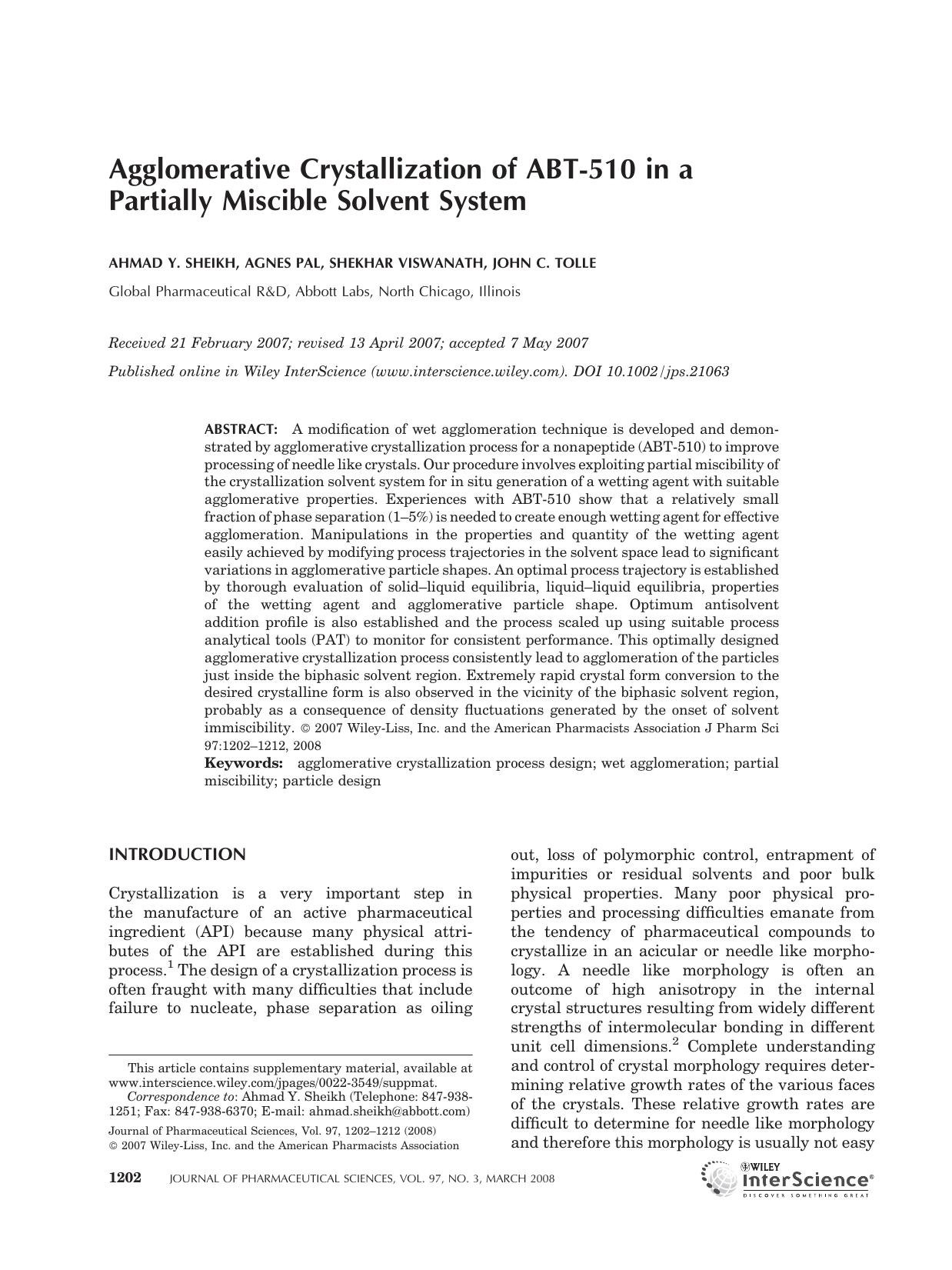 Agglomerative crystallization of ABT-510 in a partially miscible solvent system by Unknown