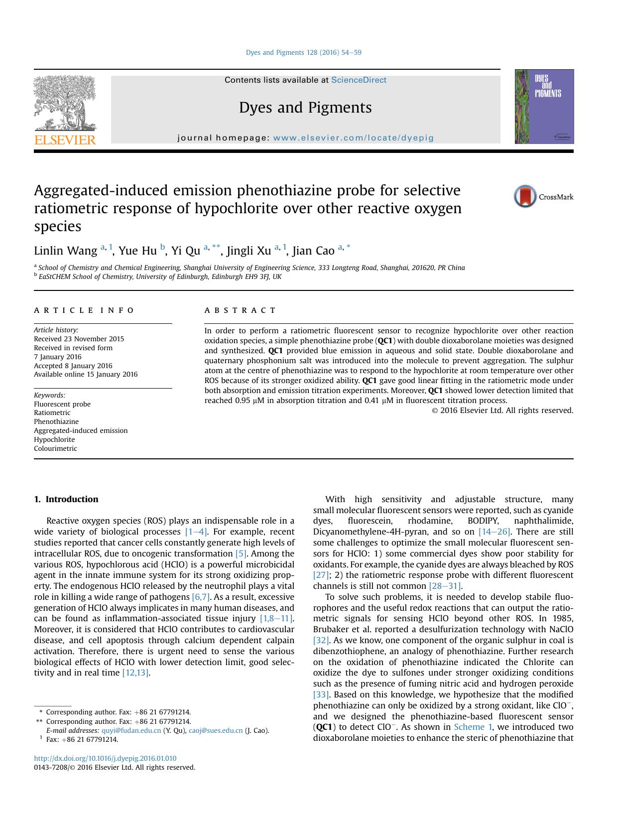 Aggregated-induced emission phenothiazine probe for selective ratiometric response of hypochlorite over other reactive oxygen species by Linlin Wang & Yue Hu & Yi Qu & Jingli Xu & Jian Cao