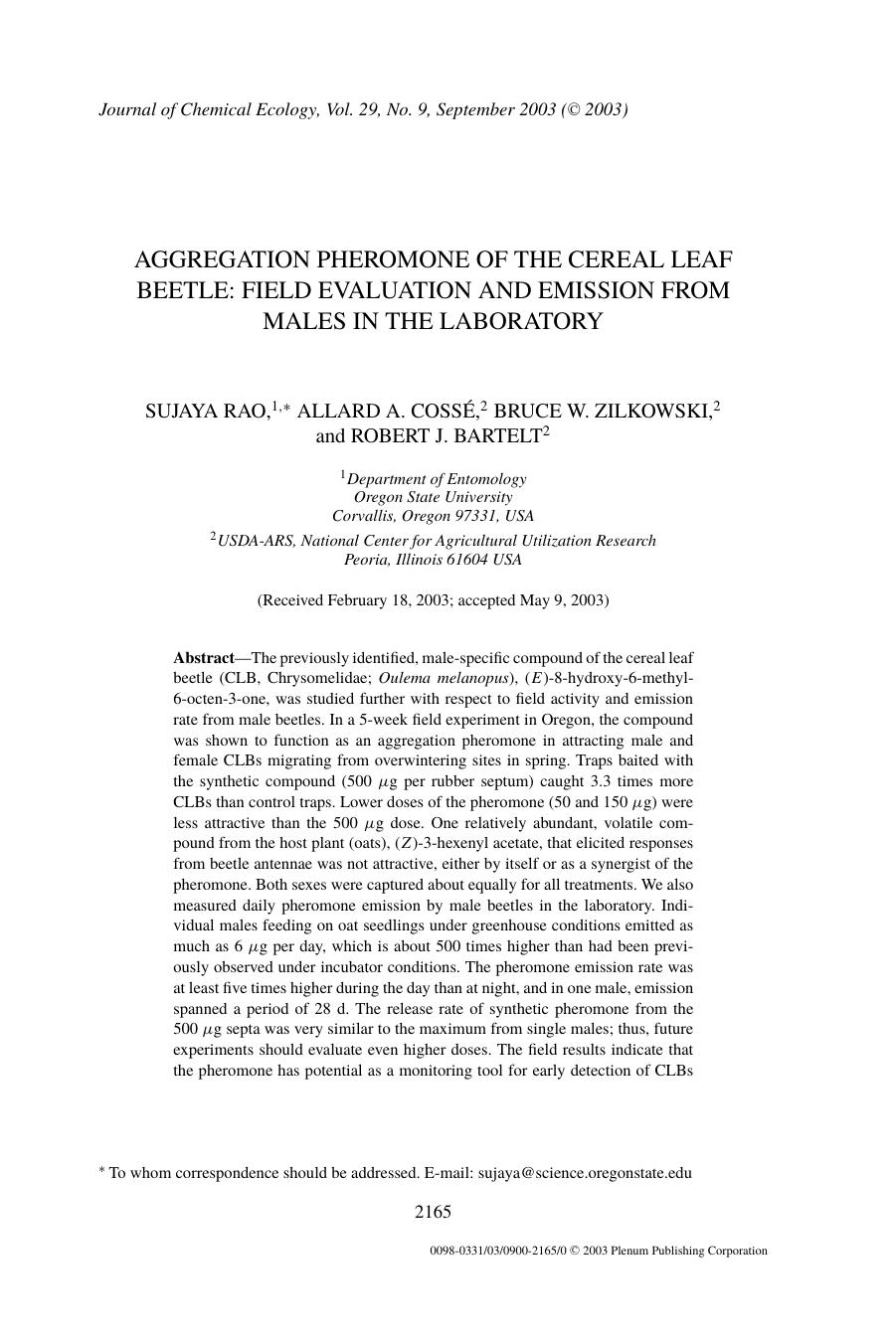 Aggregation Pheromone of the Cereal Leaf Beetle: Field Evaluation and Emission from Males in the Laboratory by Unknown
