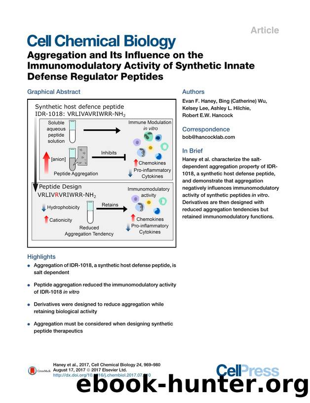 Aggregation and Its Influence on the Immunomodulatory Activity of Synthetic Innate Defense Regulator Peptides by Evan F. Haney & Bing (Catherine) Wu & Kelsey Lee & Ashley L. Hilchie & Robert E.W. Hancock