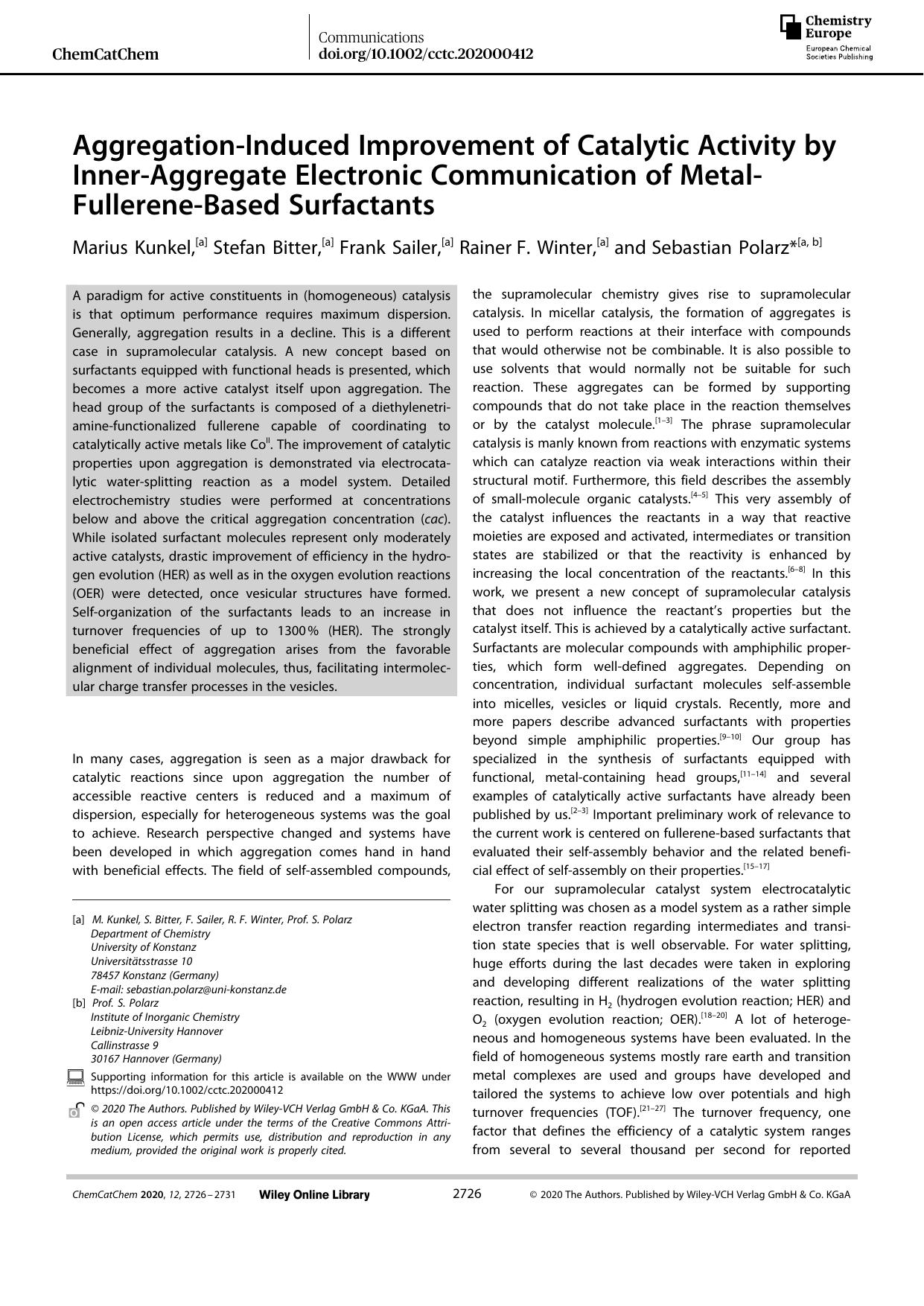AggregationâInduced Improvement of Catalytic Activity by InnerâAggregate Electronic Communication of MetalâFullereneâBased Surfactants by Unknown