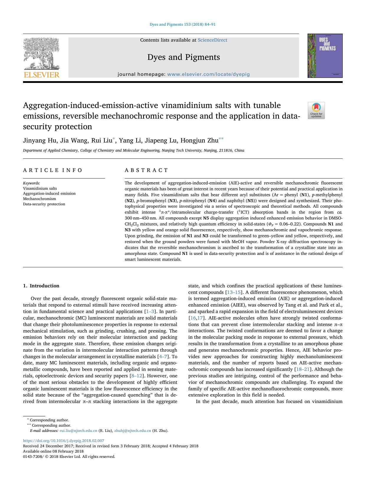 Aggregation-induced-emission-active vinamidinium salts with tunable emissions, reversible mechanochromic response and the application in data-security protection by Jinyang Hu & Jia Wang & Rui Liu & Yang Li & Jiapeng Lu & Hongjun Zhu