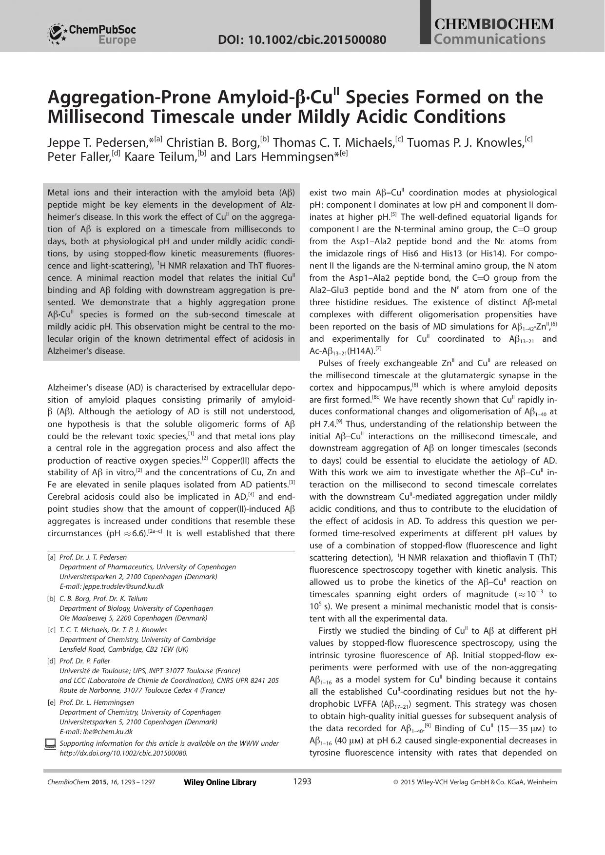 AggregationProne AmyloidCuII Species Formed on the Millisecond Timescale under Mildly Acidic Conditions by Unknown