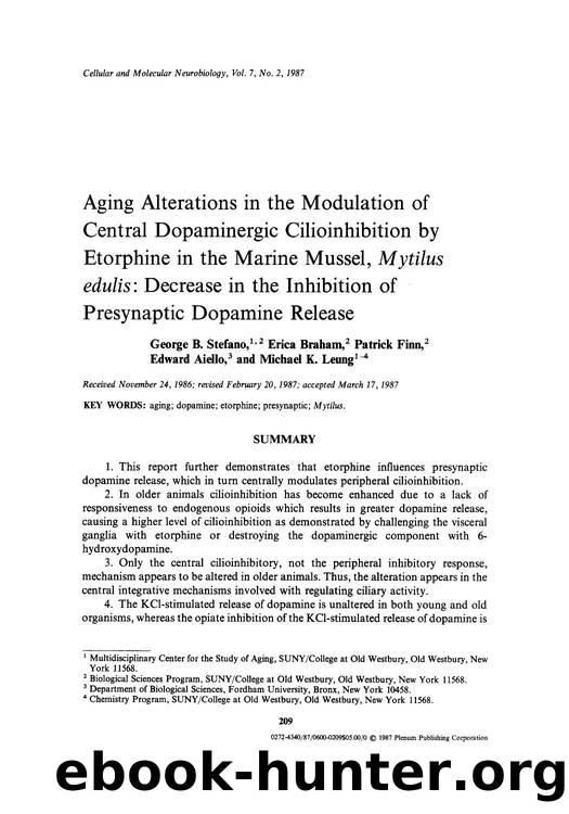 Aging alterations in the modulation of central dopaminergic cilioinhibition by etorphine in the marine mussel, <Emphasis Type="Italic">Mytilus edulis <Emphasis>: Decrease in the in by Unknown
